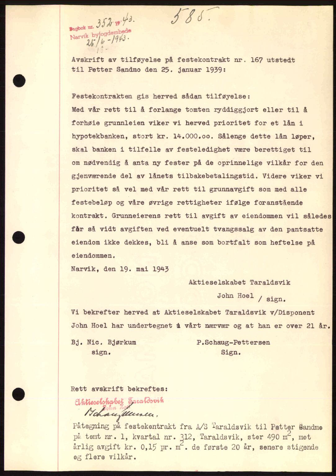Narvik sorenskriveri, SAT/A-0002/1/2/2C/2Ca: Pantebok nr. A19, 1942-1943, Dagboknr: 352/1943