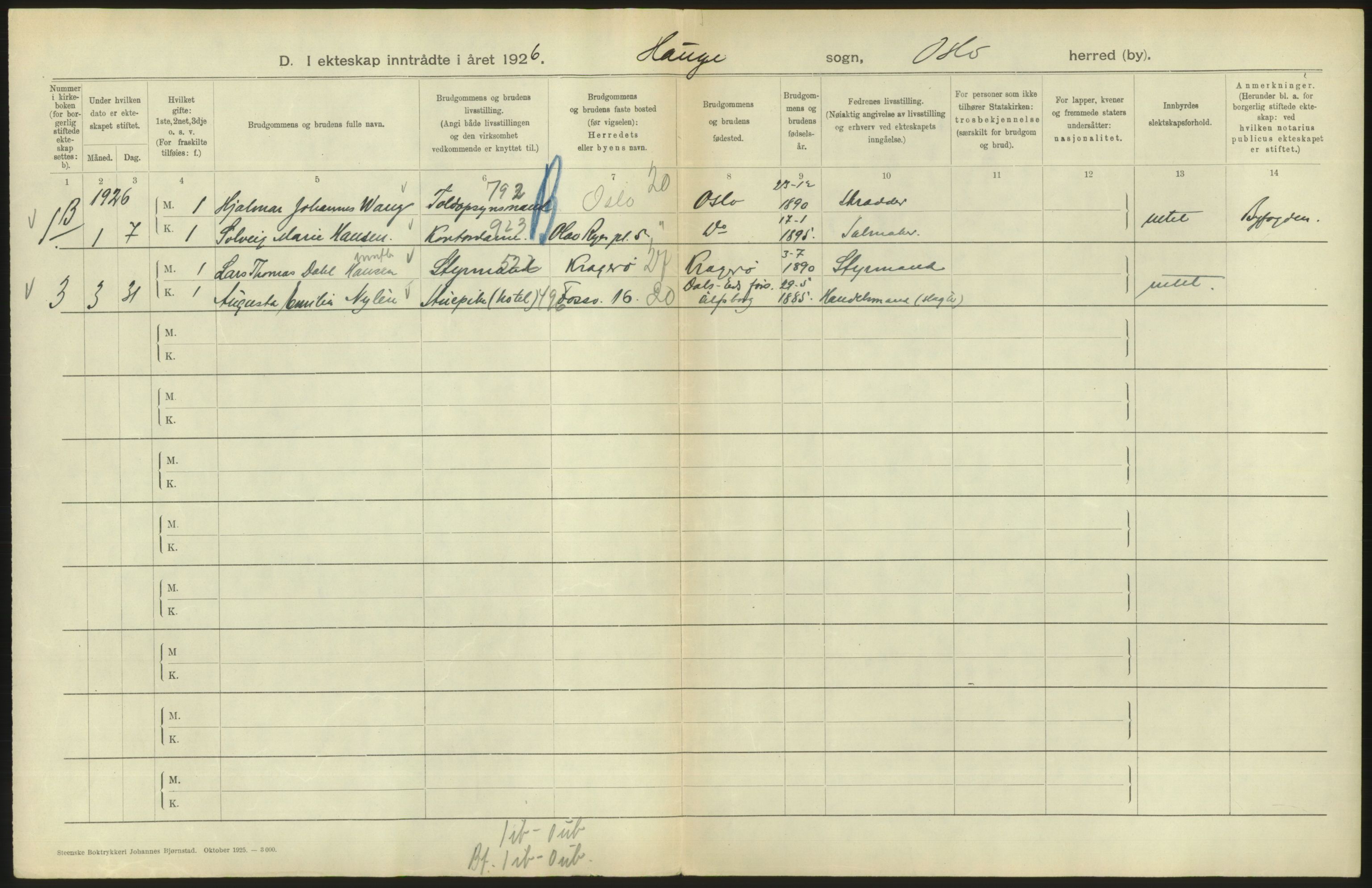 Statistisk sentralbyrå, Sosiodemografiske emner, Befolkning, AV/RA-S-2228/D/Df/Dfc/Dfcf/L0008: Oslo: Gifte, 1926, s. 726