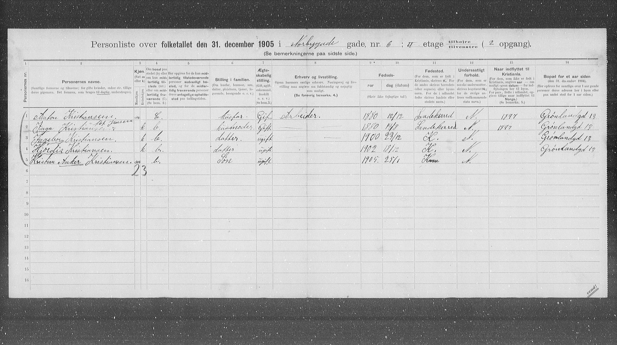 OBA, Kommunal folketelling 31.12.1905 for Kristiania kjøpstad, 1905, s. 37801