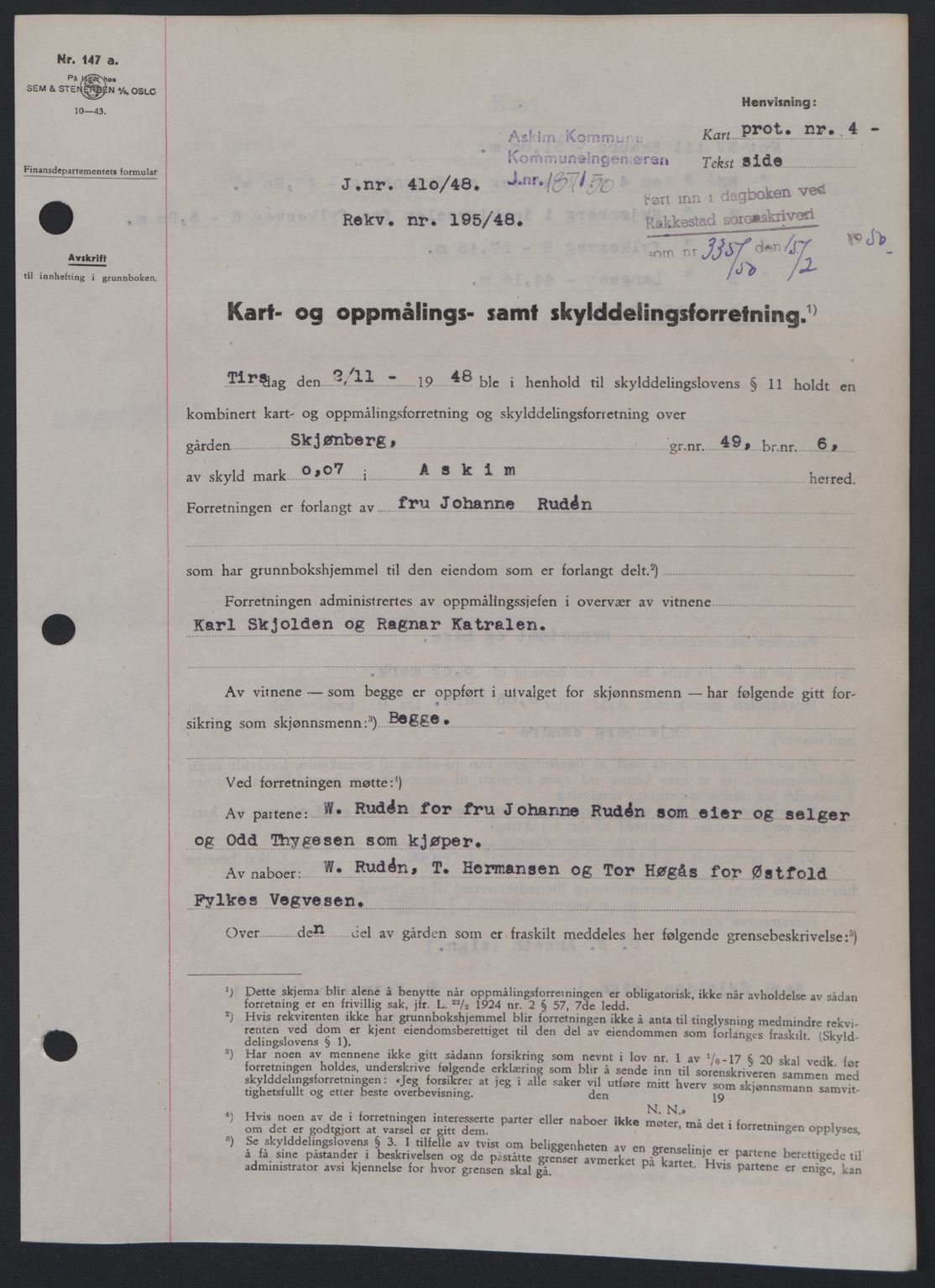 Rakkestad sorenskriveri, SAO/A-10686/G/Gb/Gba/Gbab/L0019: Pantebok nr. A19, 1949-1950, Dagboknr: 335/1950