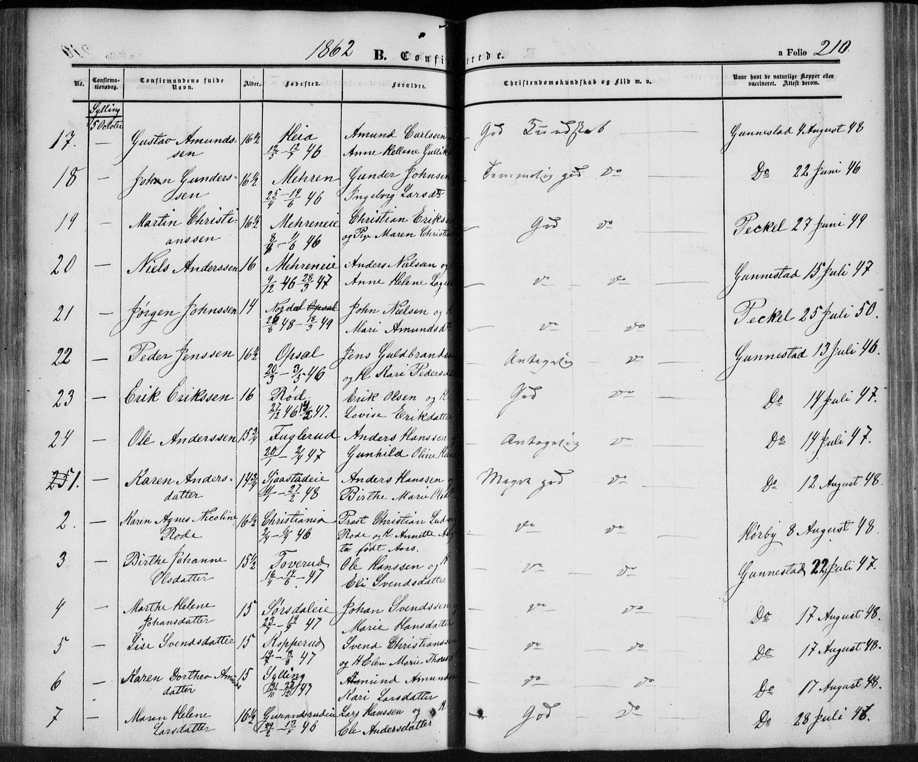 Lier kirkebøker, AV/SAKO-A-230/F/Fa/L0012: Ministerialbok nr. I 12, 1854-1864, s. 210