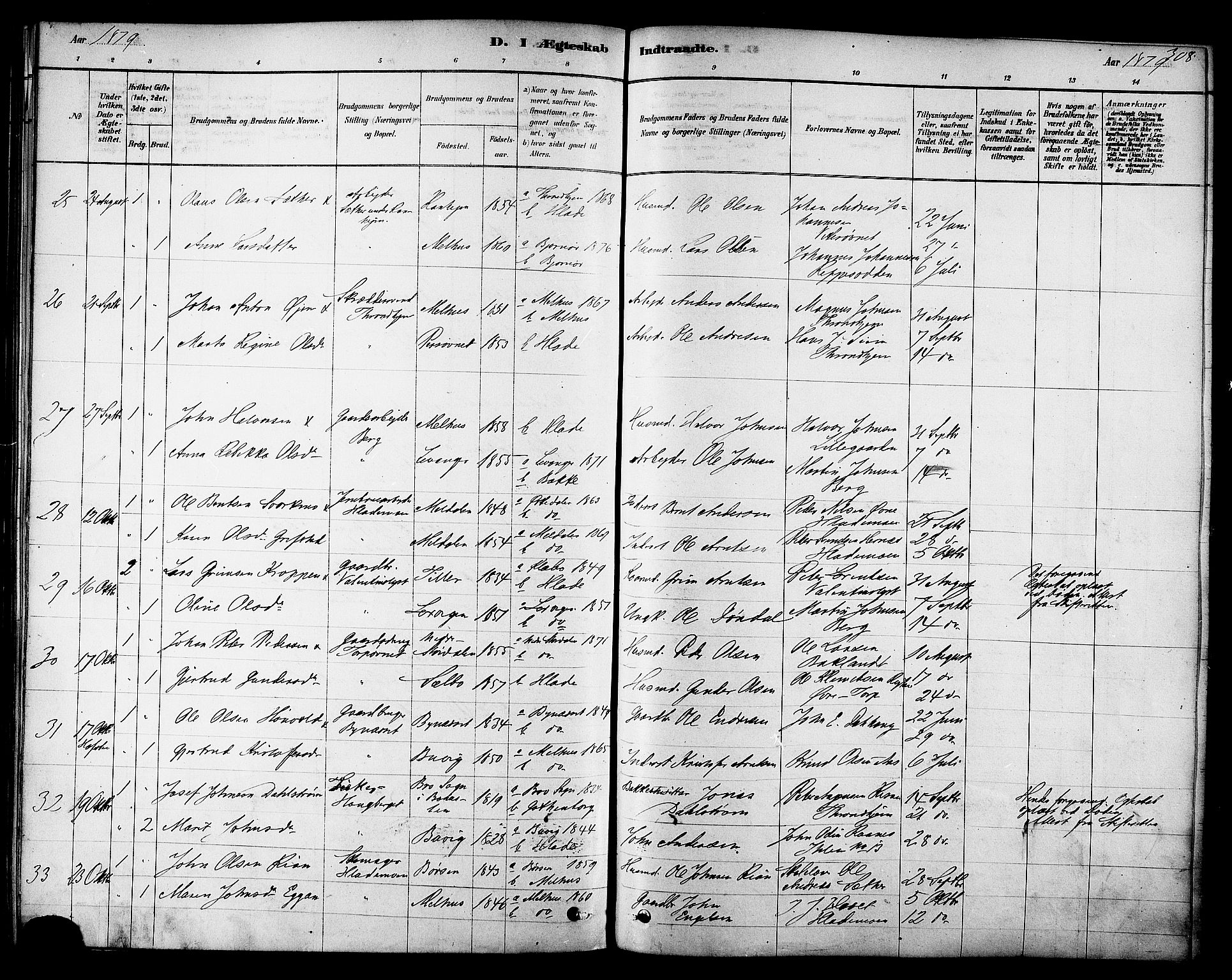 Ministerialprotokoller, klokkerbøker og fødselsregistre - Sør-Trøndelag, SAT/A-1456/606/L0294: Ministerialbok nr. 606A09, 1878-1886, s. 308