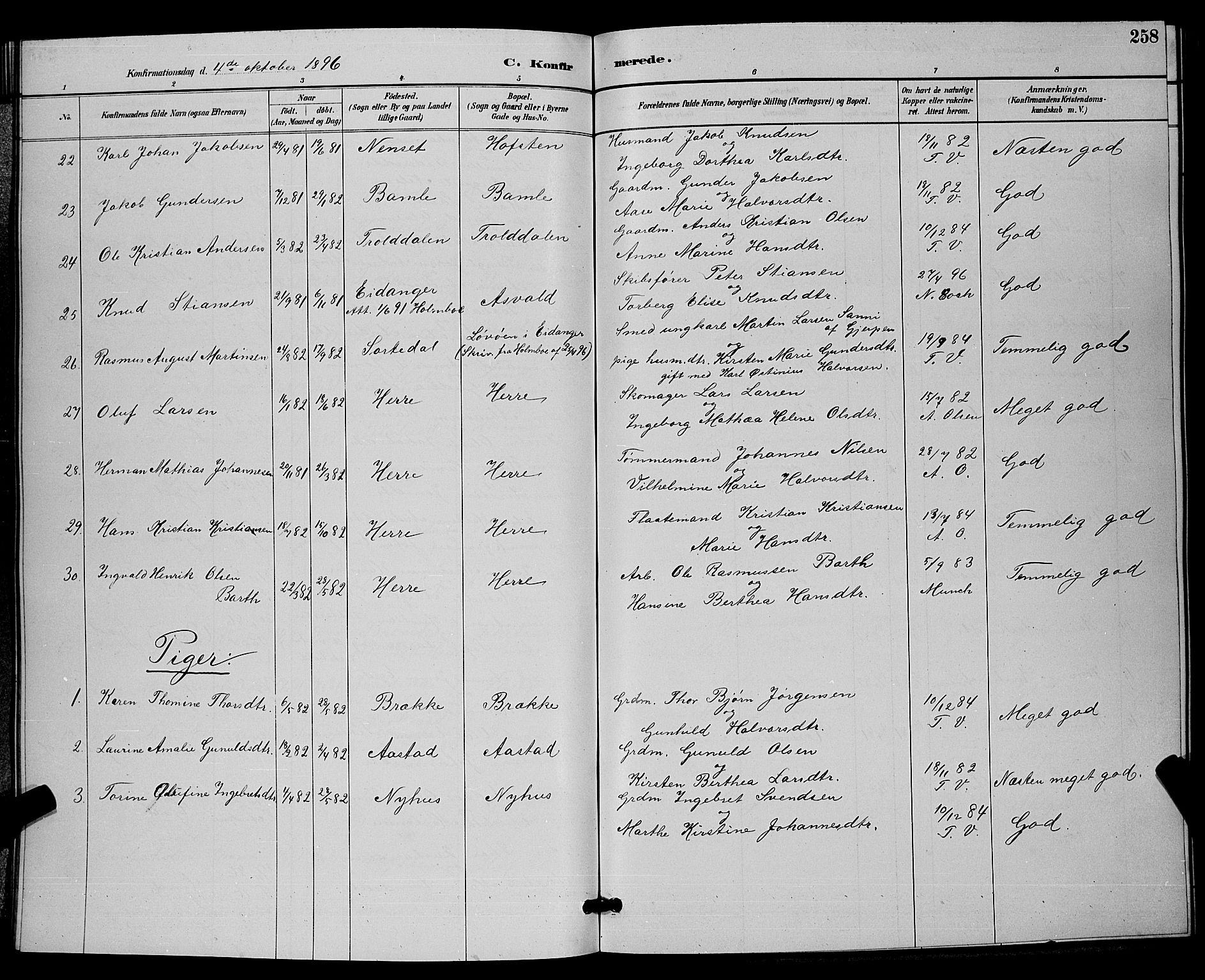 Bamble kirkebøker, AV/SAKO-A-253/G/Ga/L0009: Klokkerbok nr. I 9, 1888-1900, s. 258