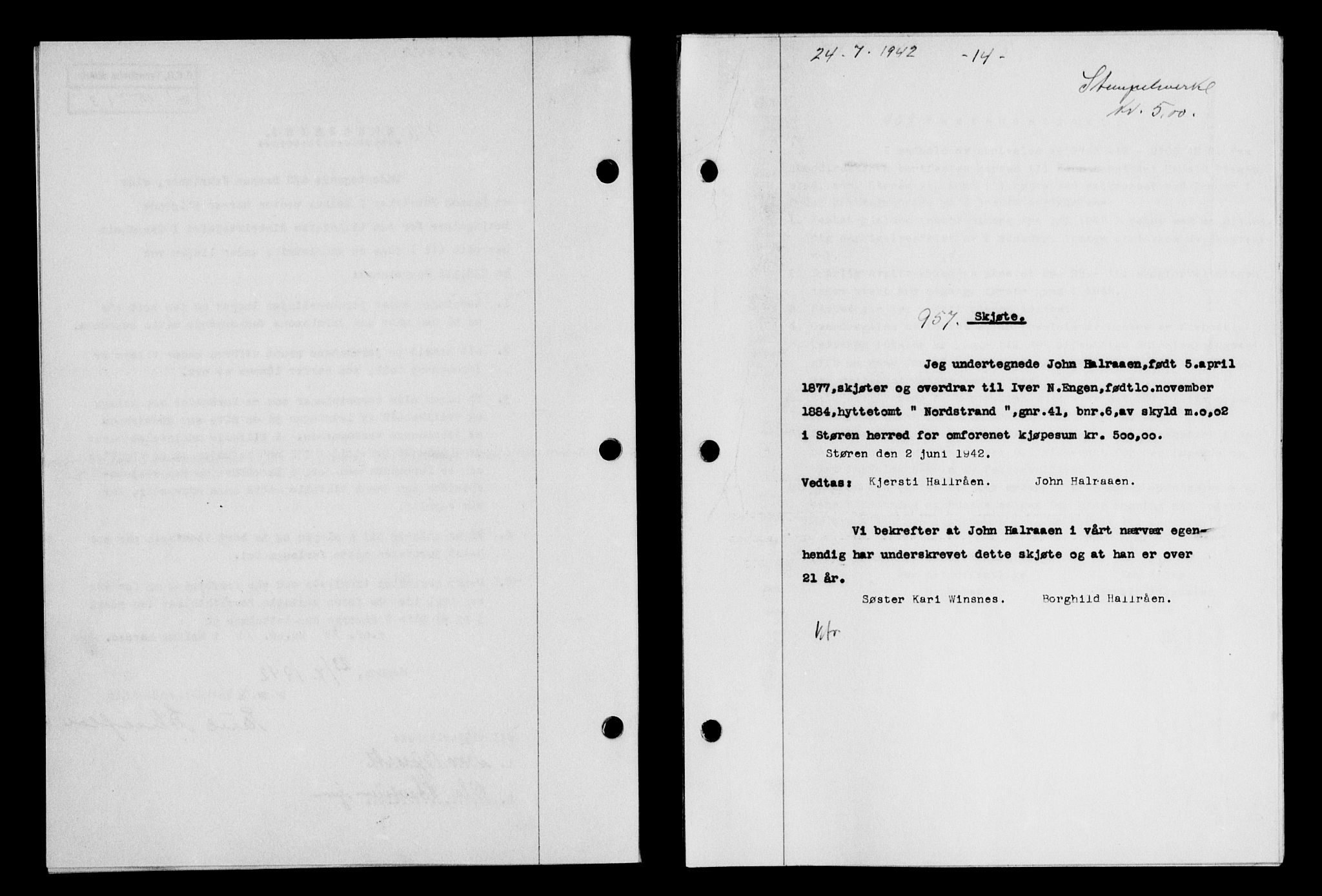 Gauldal sorenskriveri, SAT/A-0014/1/2/2C/L0055: Pantebok nr. 60, 1942-1942, Dagboknr: 957/1942