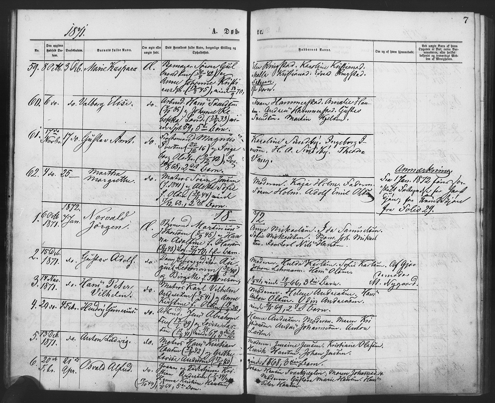 Drøbak prestekontor Kirkebøker, AV/SAO-A-10142a/F/Fa/L0003: Ministerialbok nr. I 3, 1871-1877, s. 7