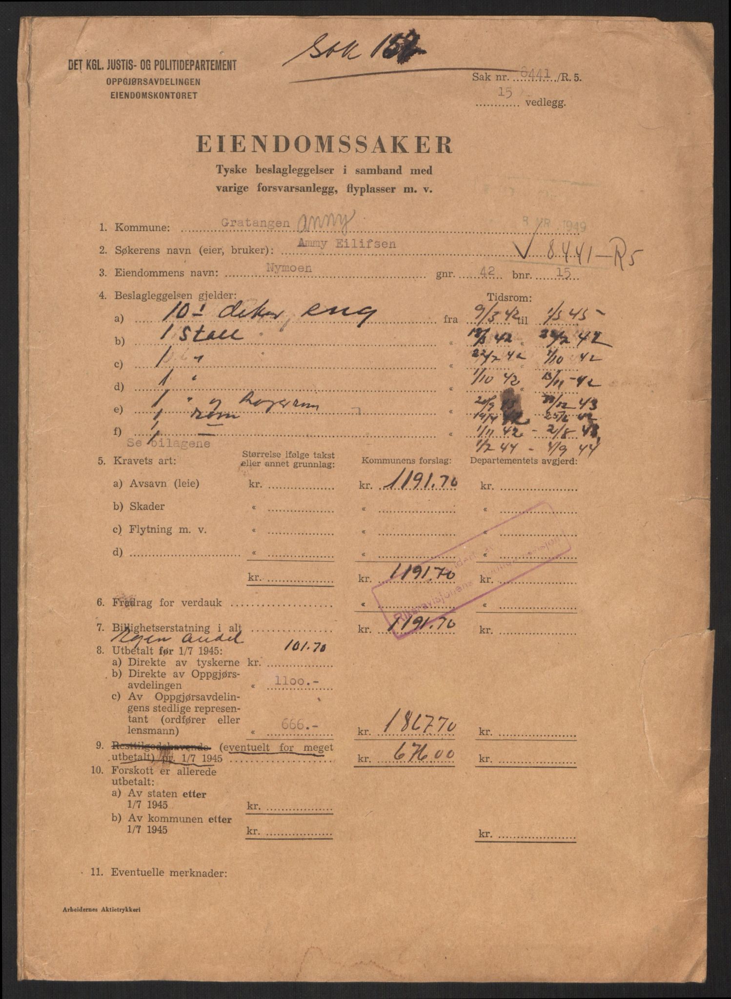 Forsvarsdepartementet, 10. kontor / Oppgjørskontoret, AV/RA-RAFA-1225/D/Dd/L0479: Troms, 1941-1956, s. 105