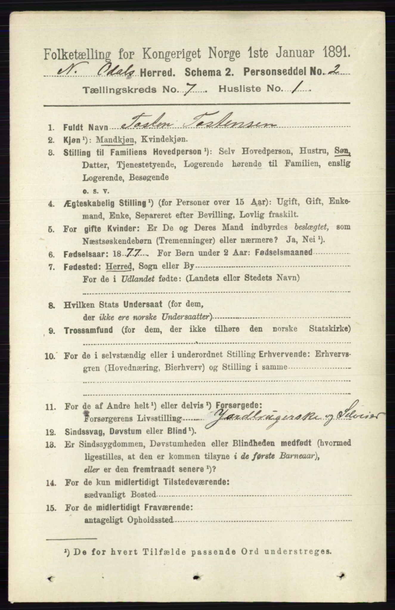 RA, Folketelling 1891 for 0418 Nord-Odal herred, 1891, s. 2837