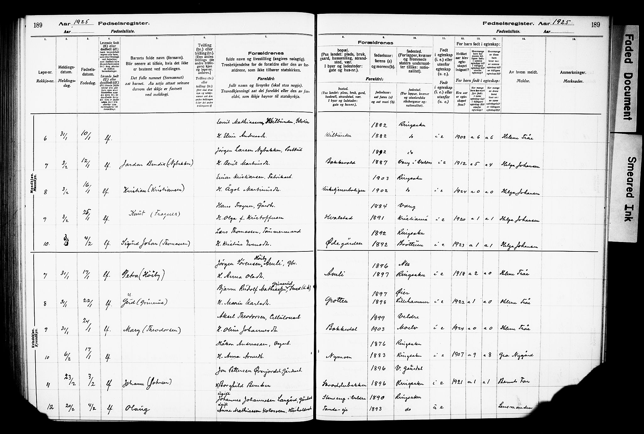 Ringsaker prestekontor, AV/SAH-PREST-014/O/Oa/L0001: Fødselsregister nr. 1, 1916-1925, s. 189