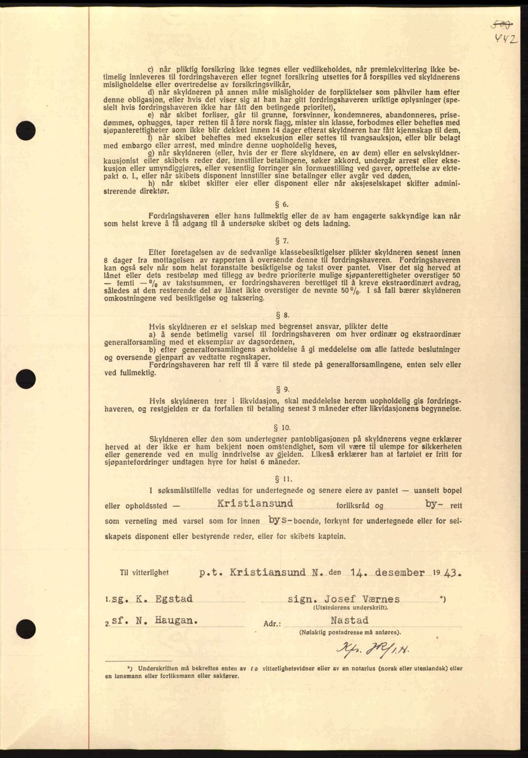 Nordmøre sorenskriveri, AV/SAT-A-4132/1/2/2Ca: Pantebok nr. B91, 1943-1944, Dagboknr: 2742/1943