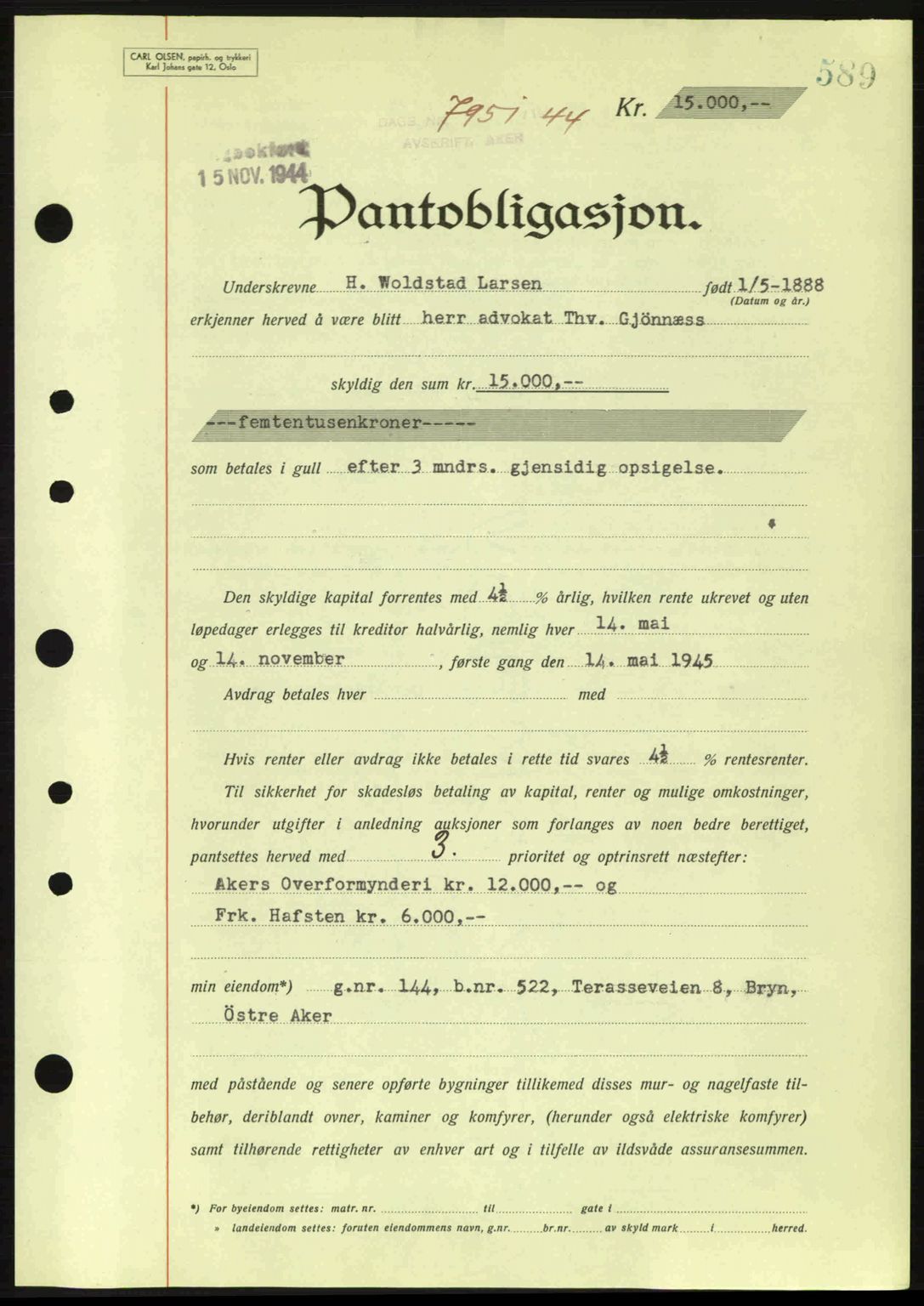 Aker herredsskriveri, SAO/A-10896/G/Gb/Gba/Gbac/L0035: Pantebok nr. B200-201, 1944-1944, Dagboknr: 7951/1944