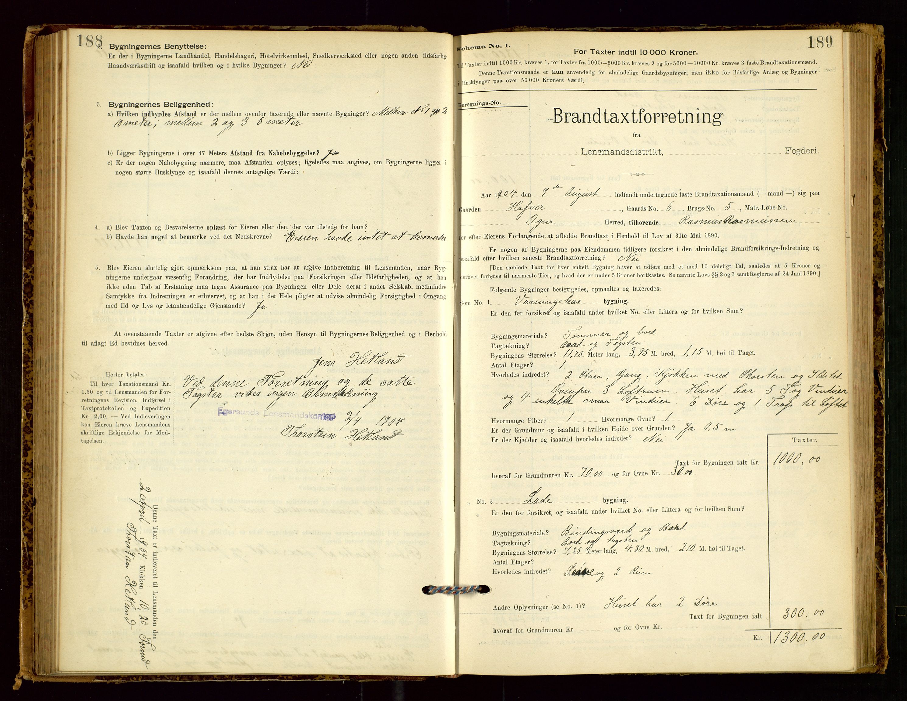 Eigersund lensmannskontor, SAST/A-100171/Gob/L0001: Skjemaprotokoll, 1894-1909, s. 188-189