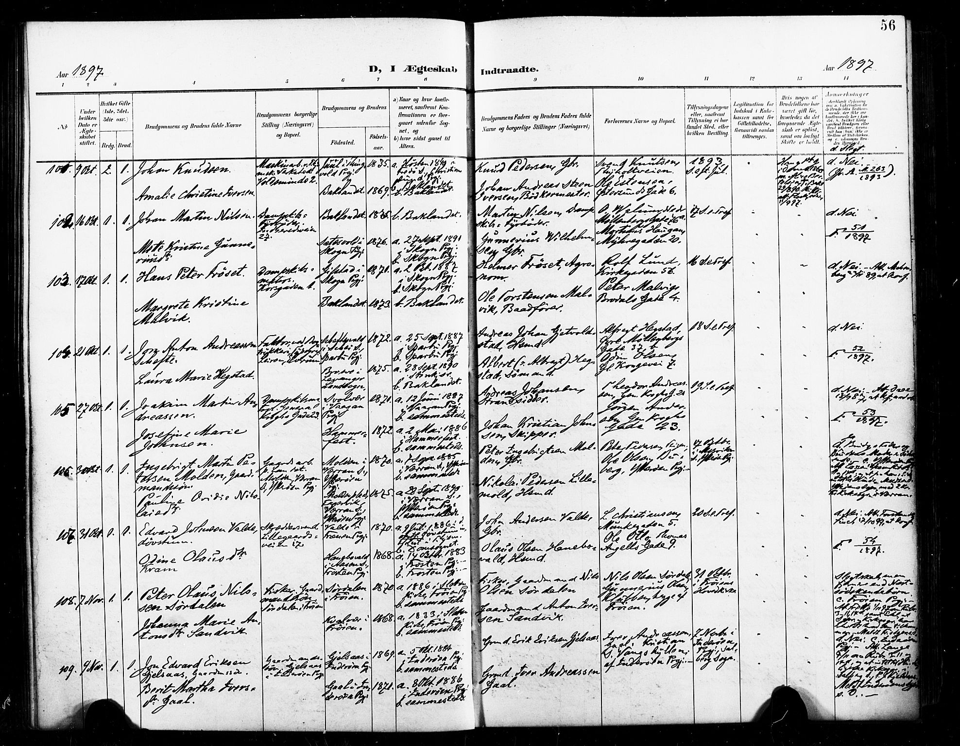 Ministerialprotokoller, klokkerbøker og fødselsregistre - Sør-Trøndelag, SAT/A-1456/604/L0198: Ministerialbok nr. 604A19, 1893-1900, s. 56
