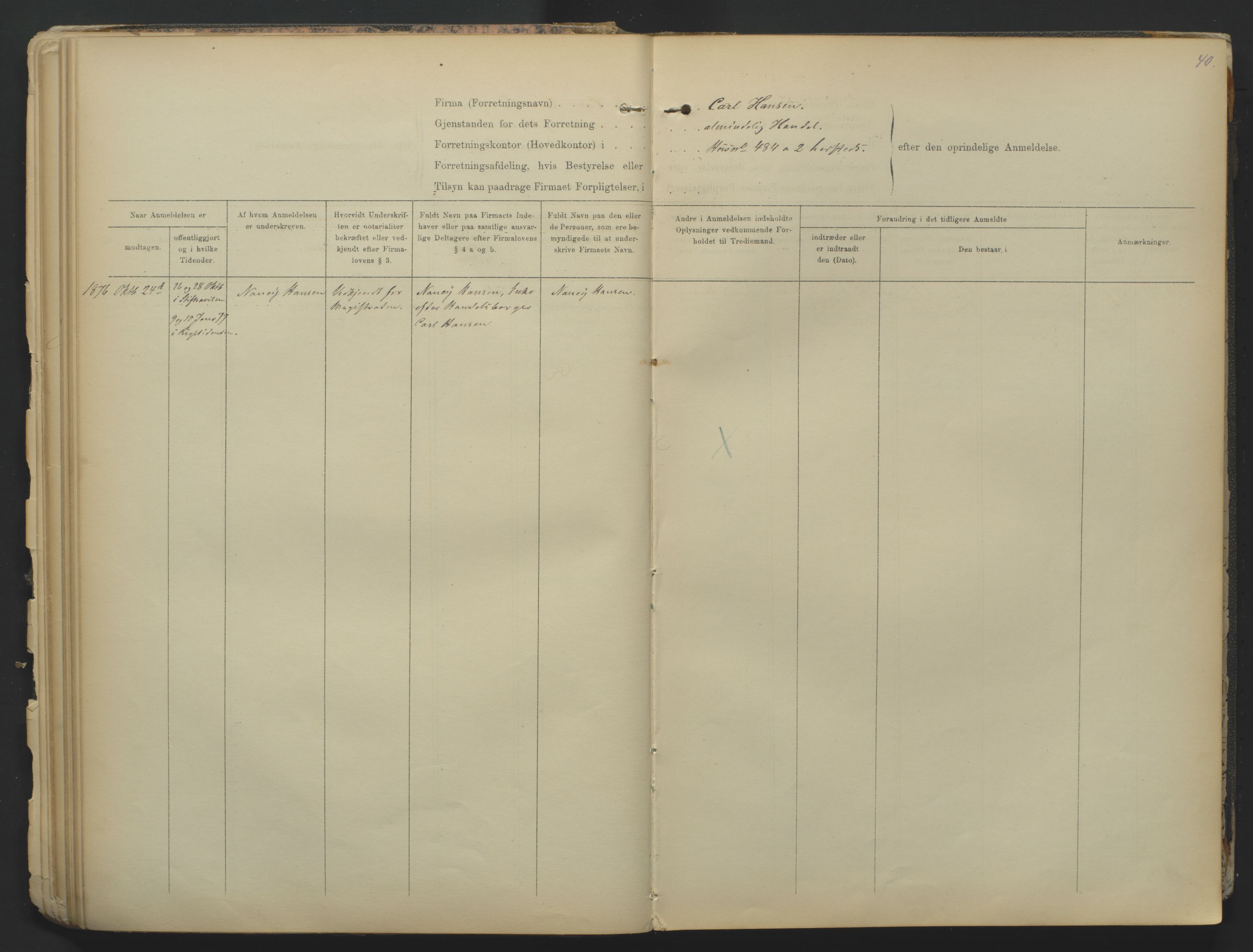 Kristiansand byrett, AV/SAK-1223-0001/K/Kb/L0001: Firmaregister A, med register, 1874-1890, s. 40