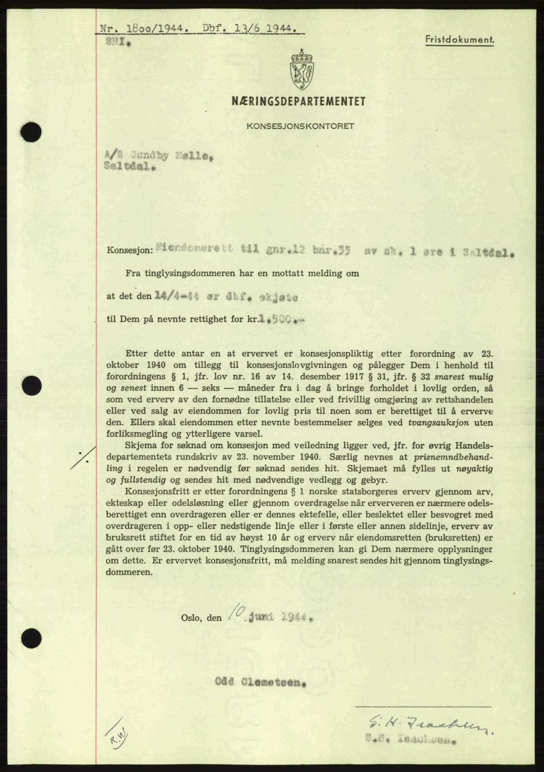 Salten sorenskriveri, SAT/A-4578/1/2/2C: Pantebok nr. A14-15, 1943-1945, Dagboknr: 1800/1944