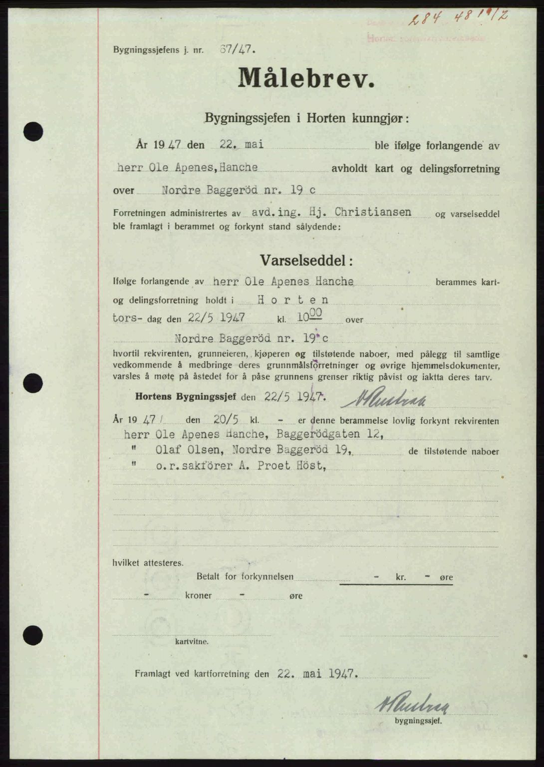 Horten sorenskriveri, AV/SAKO-A-133/G/Ga/Gaa/L0010: Pantebok nr. A-10, 1947-1948, Dagboknr: 284/1948