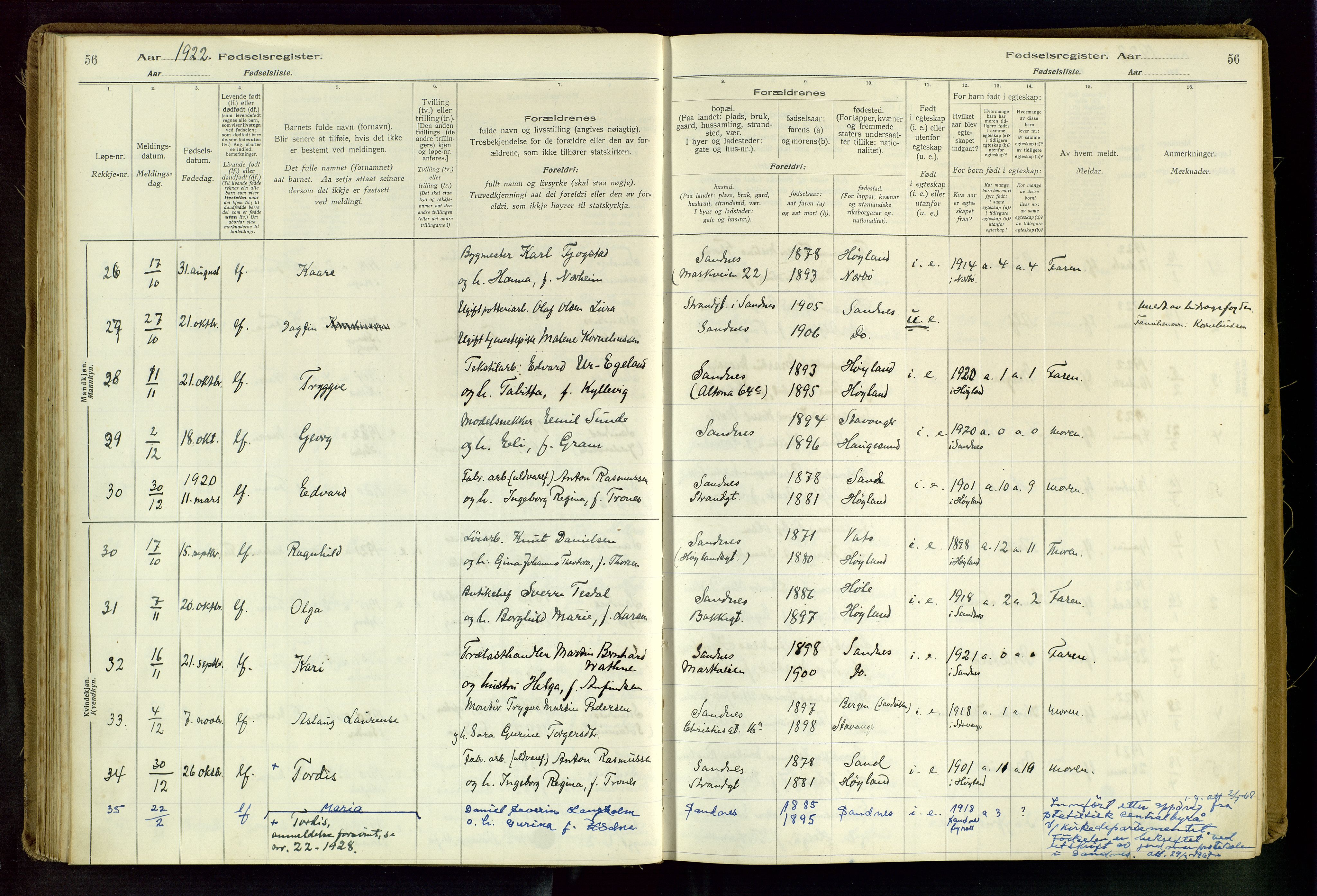 Sandnes sokneprestkontor, SAST/A-101800/704BA/L0001: Fødselsregister nr. 1, 1916-1942, s. 56