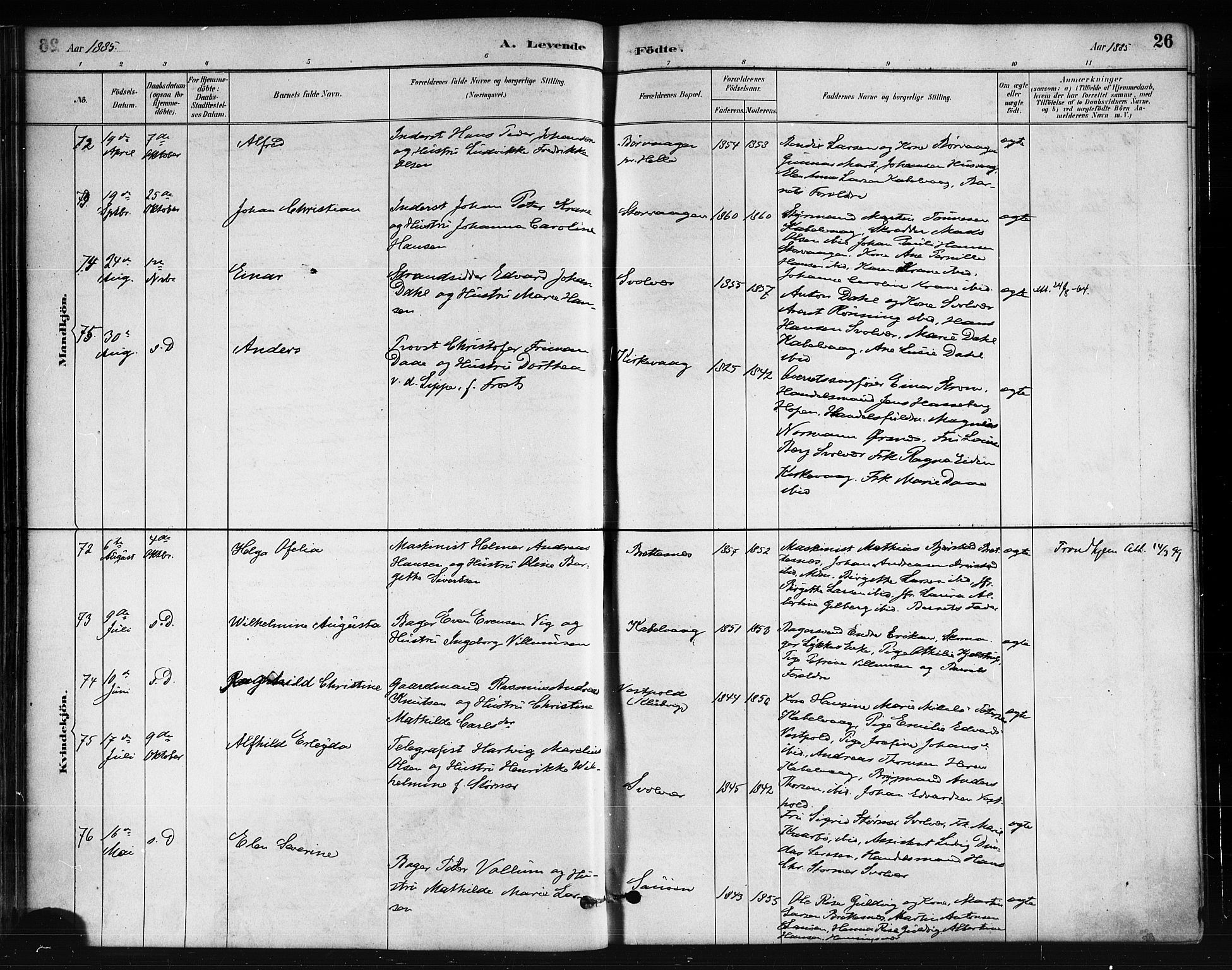 Ministerialprotokoller, klokkerbøker og fødselsregistre - Nordland, SAT/A-1459/874/L1059: Ministerialbok nr. 874A03, 1884-1890, s. 26