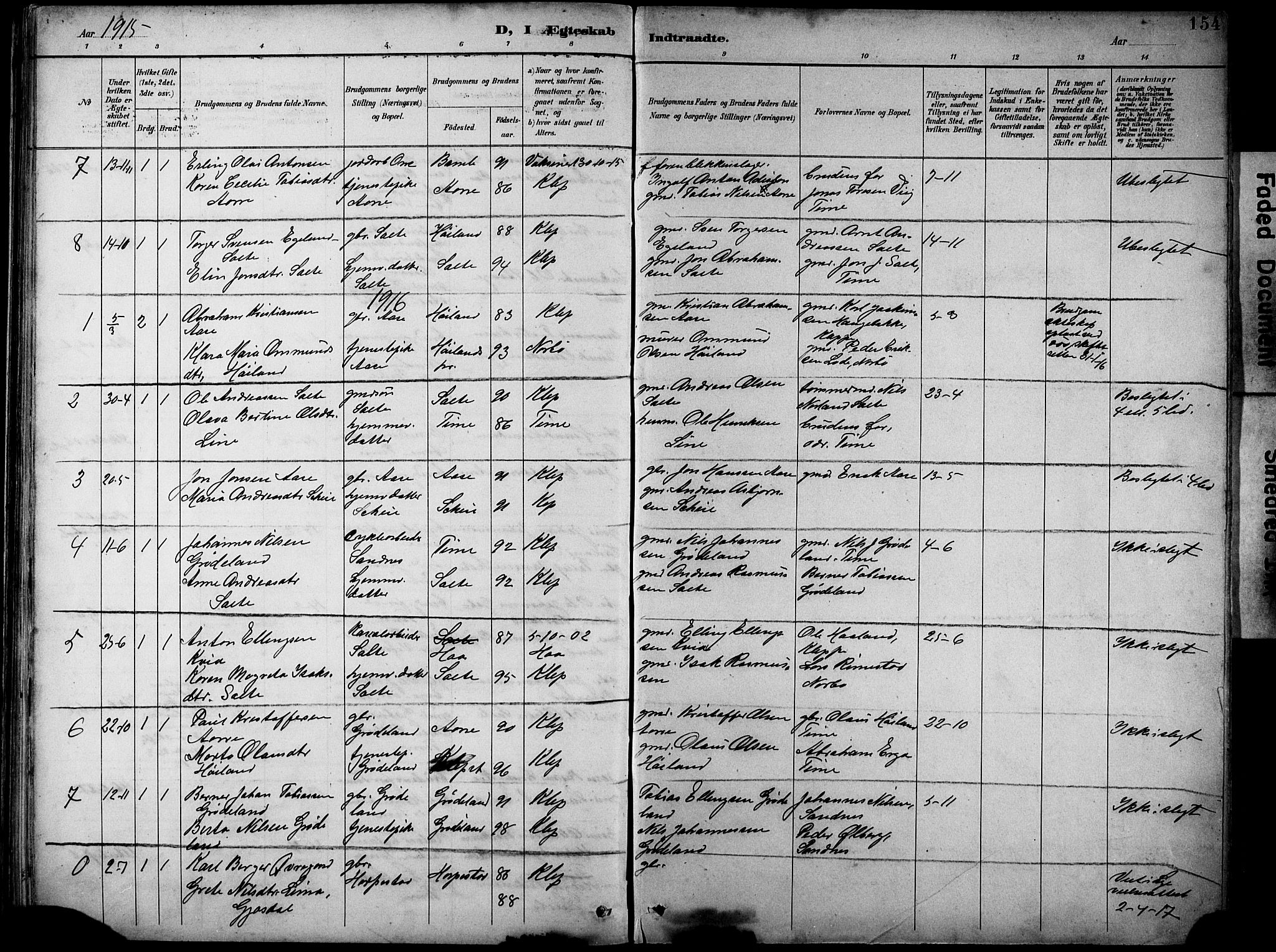 Klepp sokneprestkontor, AV/SAST-A-101803/001/3/30BB/L0005: Klokkerbok nr. B 5, 1889-1918, s. 154