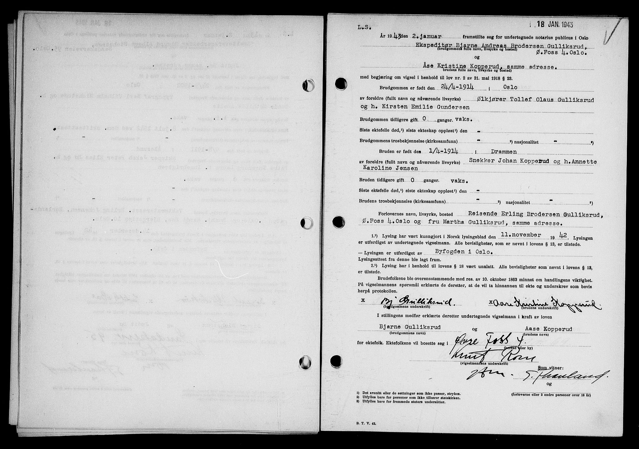 Oslo byfogd avd. I, AV/SAO-A-10220/L/Lb/Lbb/L0043: Notarialprotokoll, rekke II: Vigsler, 1943
