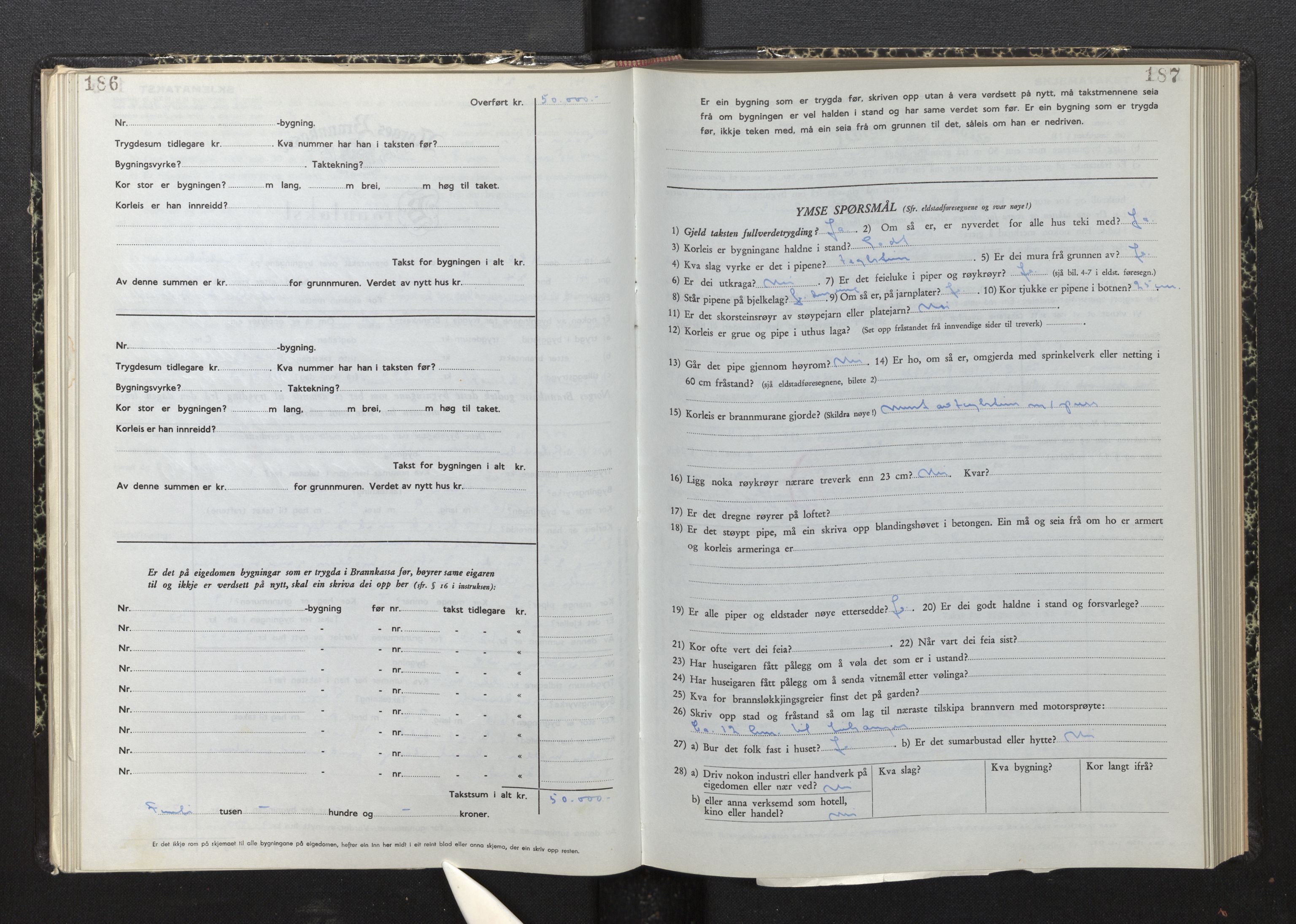 Lensmannen i Leikanger, AV/SAB-A-29201/0012/L0010: Branntakstprotokoll, skjematakst, 1952-1955, s. 186-187