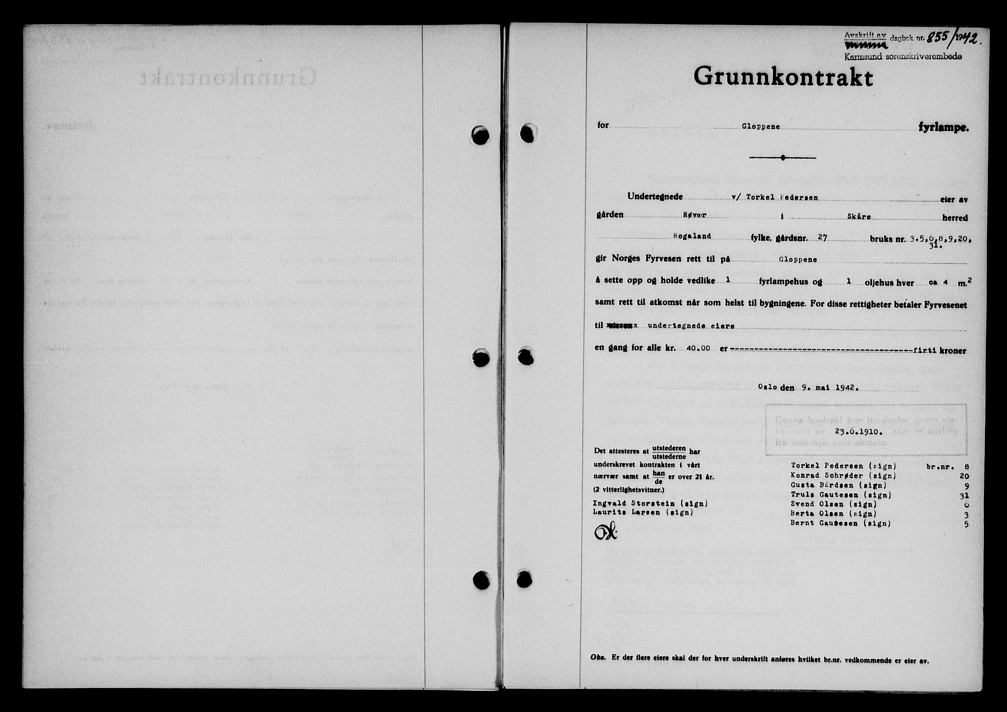 Karmsund sorenskriveri, SAST/A-100311/01/II/IIB/L0077: Pantebok nr. 58A, 1942-1942, Dagboknr: 855/1942