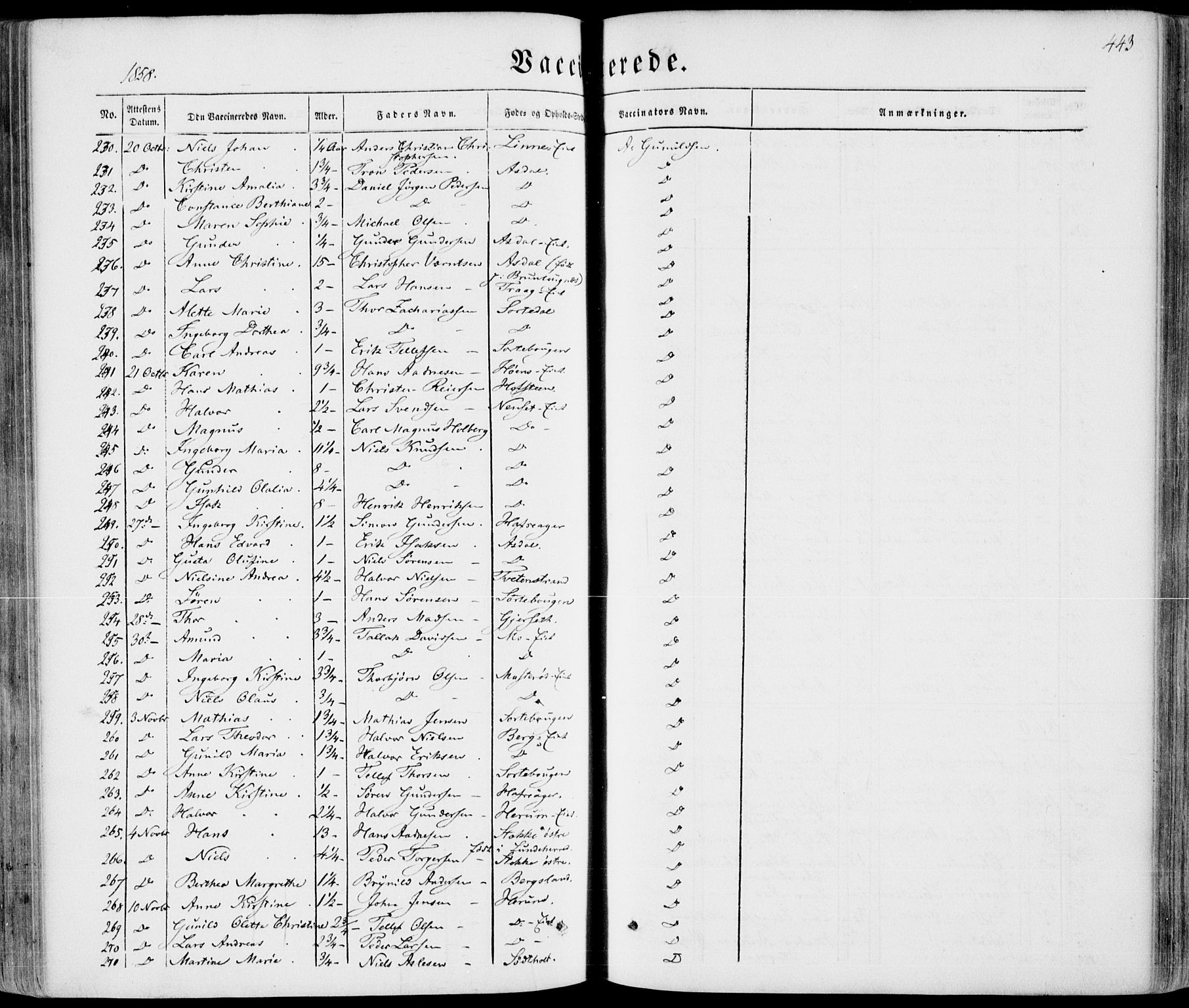 Bamble kirkebøker, AV/SAKO-A-253/F/Fa/L0005: Ministerialbok nr. I 5, 1854-1869, s. 443