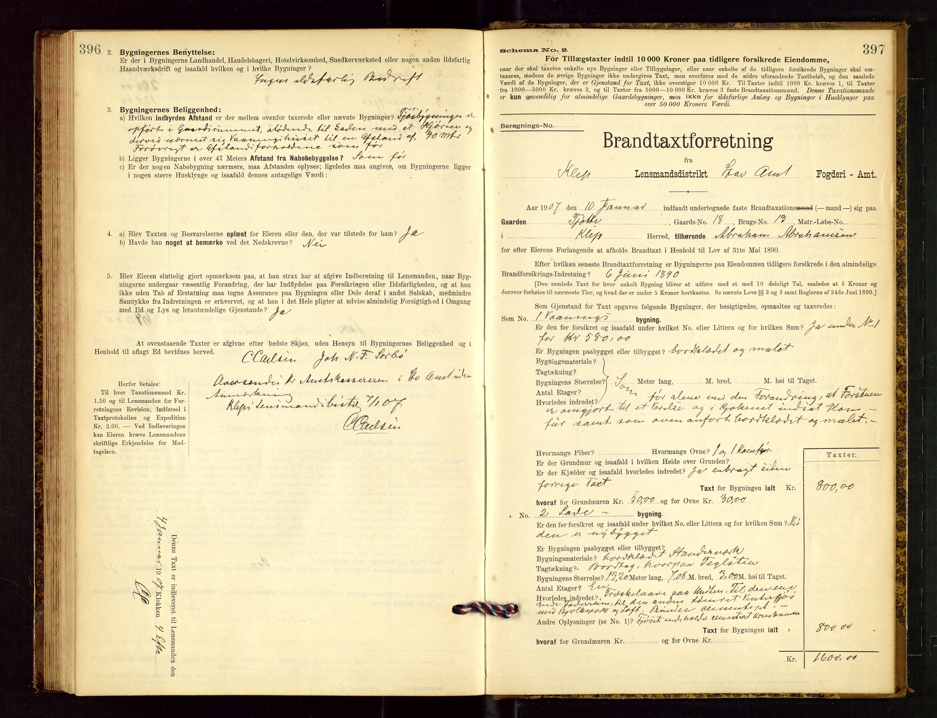 Klepp lensmannskontor, SAST/A-100163/Goc/L0003: "Brandtaxationsprotokol" m/register, 1902-1907, s. 396-397