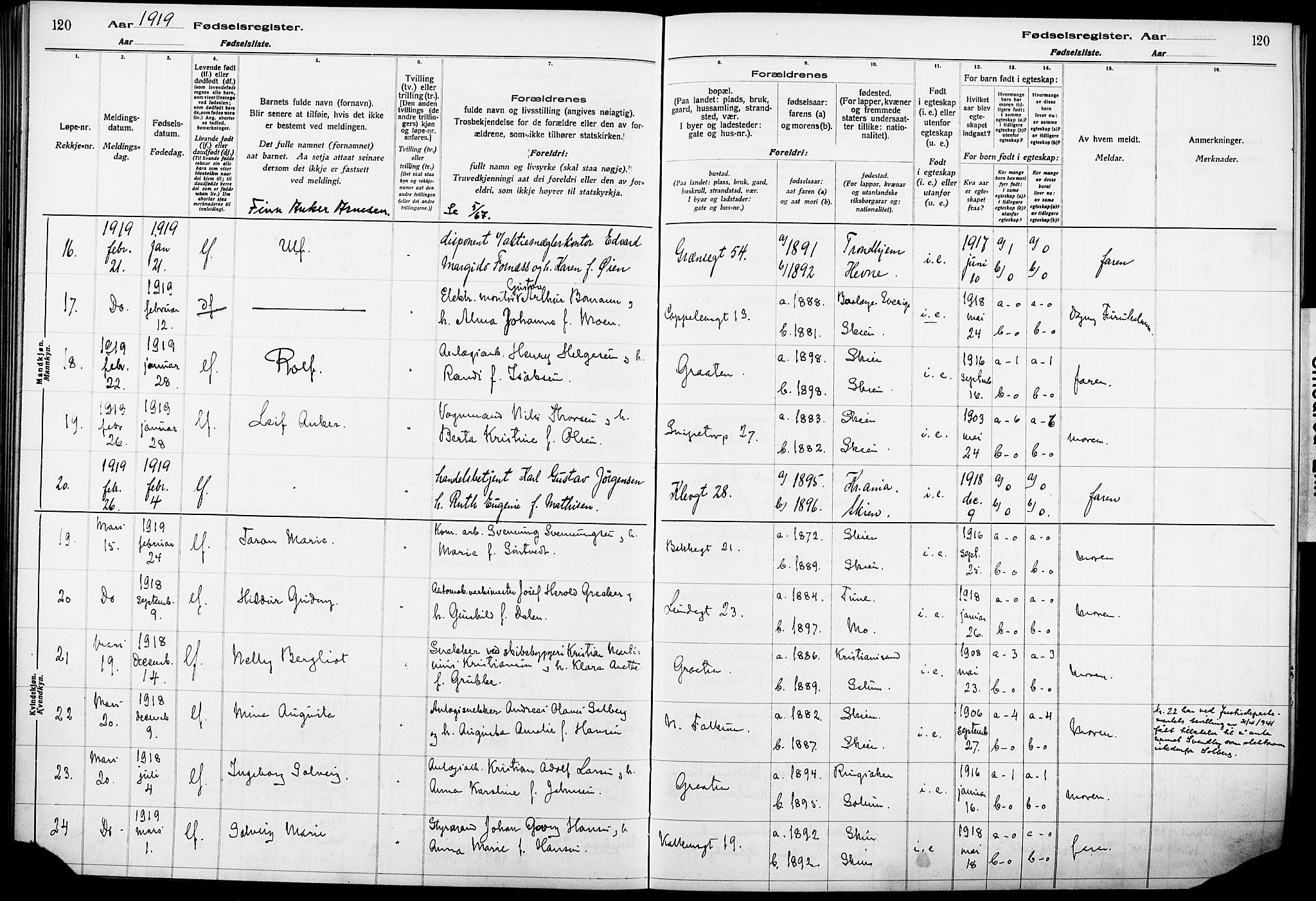 Skien kirkebøker, AV/SAKO-A-302/J/Ja/L0001: Fødselsregister nr. 1, 1916-1920, s. 120