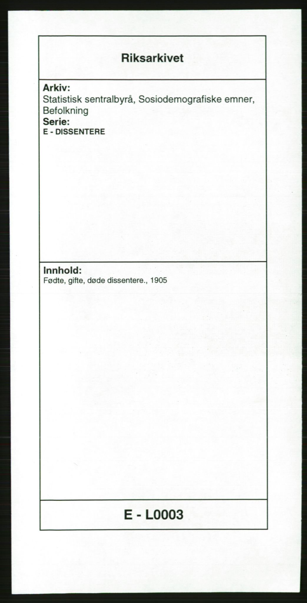 Statistisk sentralbyrå, Sosiodemografiske emner, Befolkning, AV/RA-S-2228/E/L0003: Fødte, gifte, døde dissentere., 1905, s. 1