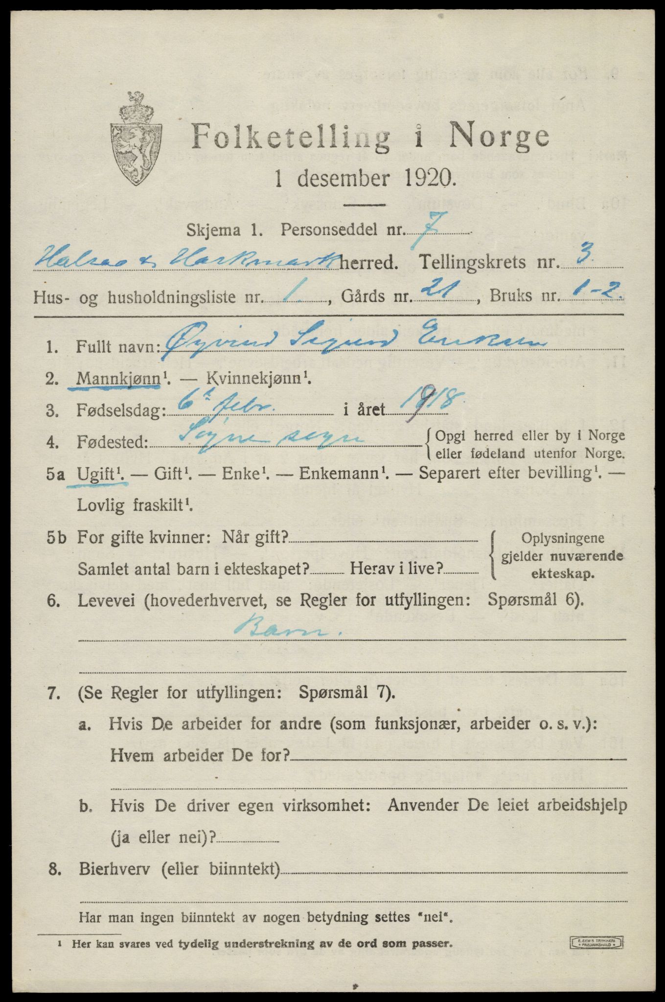 SAK, Folketelling 1920 for 1019 Halse og Harkmark herred, 1920, s. 2421