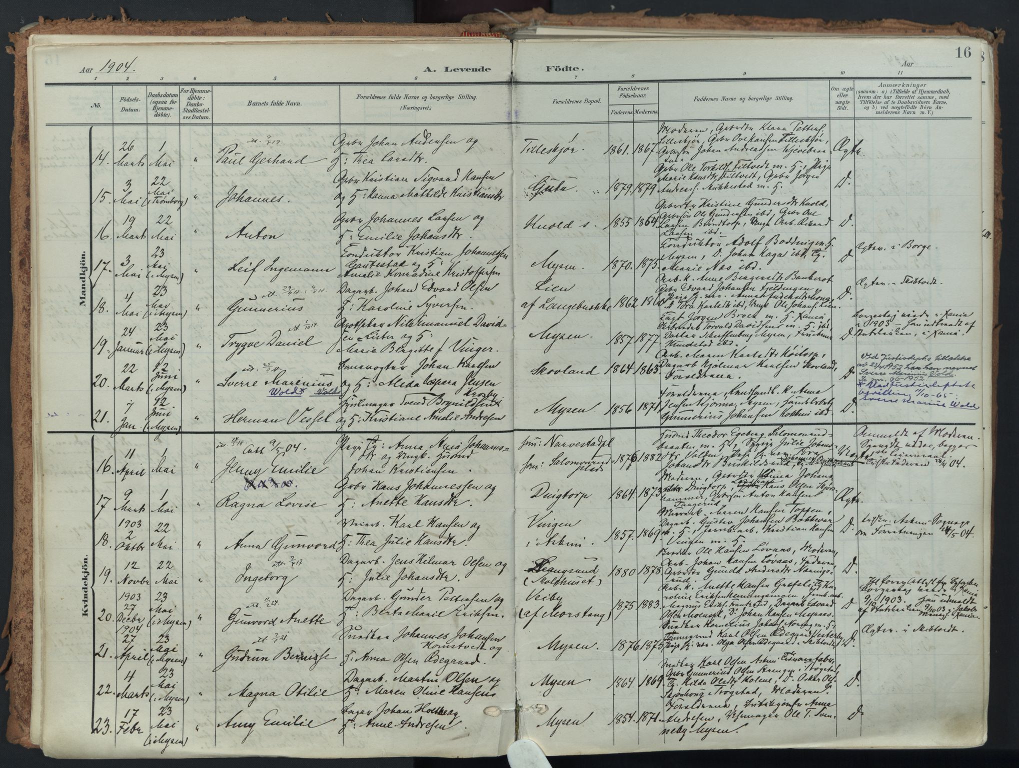 Eidsberg prestekontor Kirkebøker, AV/SAO-A-10905/F/Fa/L0014: Ministerialbok nr. I 14, 1902-1919, s. 16