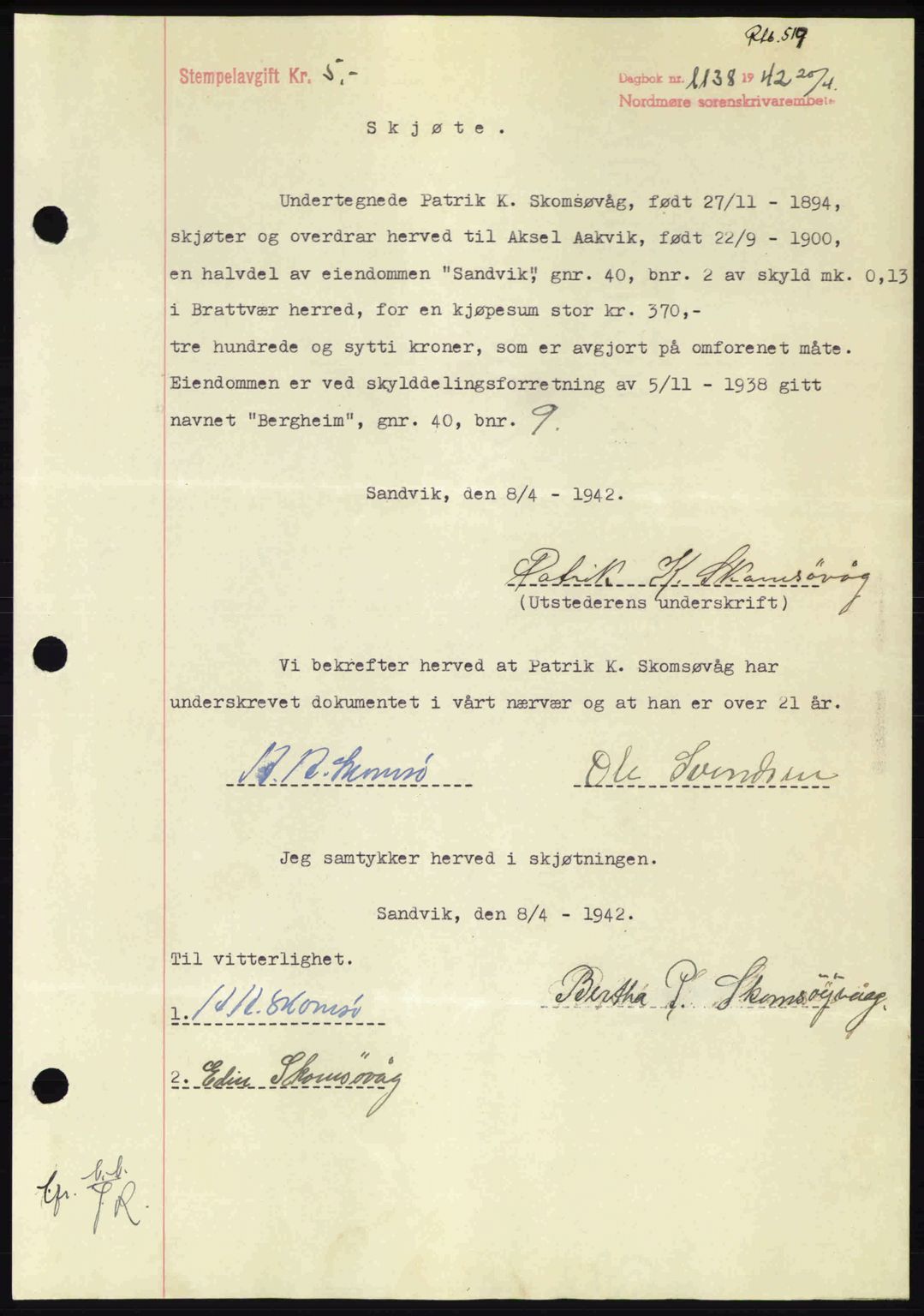 Nordmøre sorenskriveri, AV/SAT-A-4132/1/2/2Ca: Pantebok nr. A92, 1942-1942, Dagboknr: 1138/1942