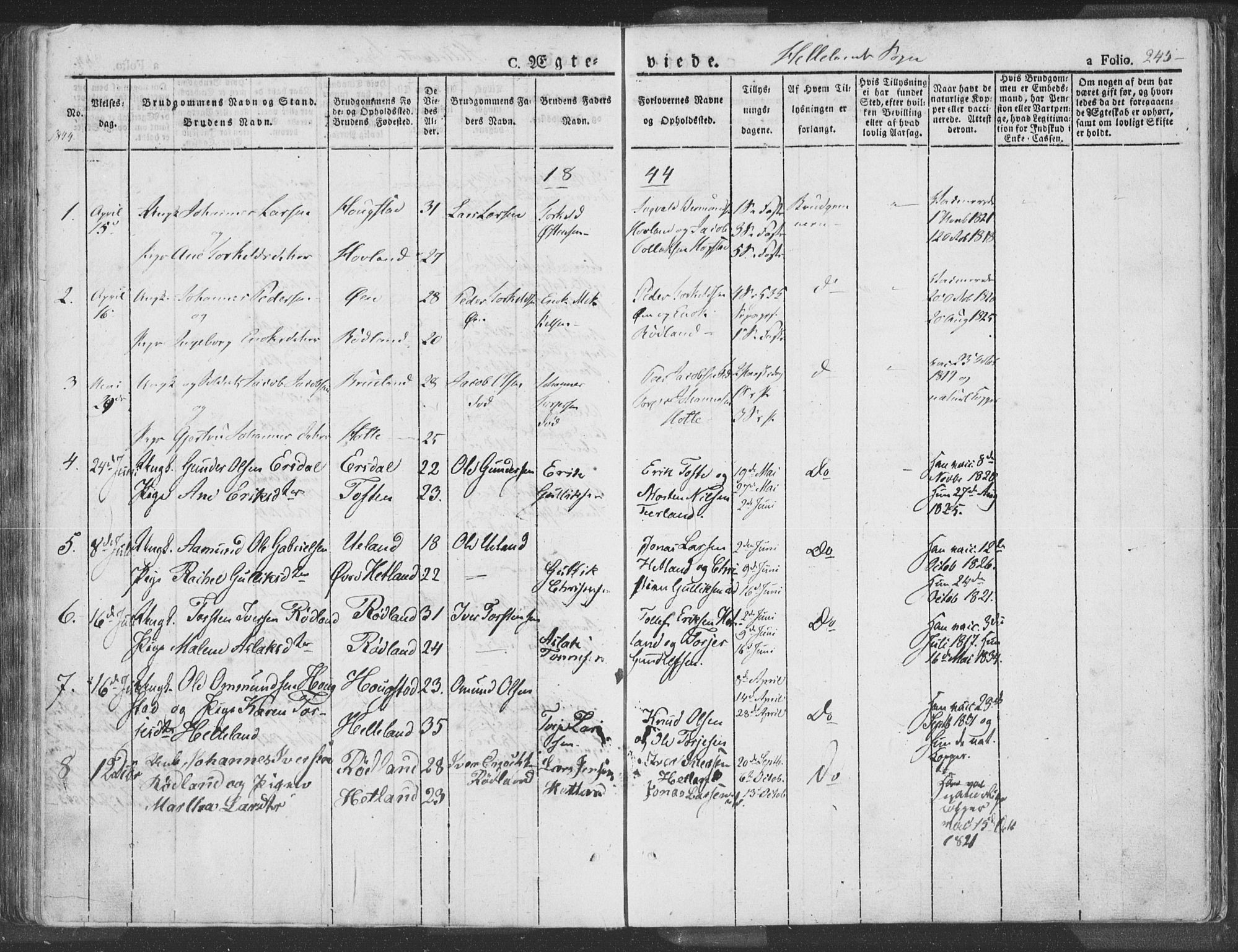 Helleland sokneprestkontor, SAST/A-101810: Ministerialbok nr. A 6.1, 1834-1863, s. 245