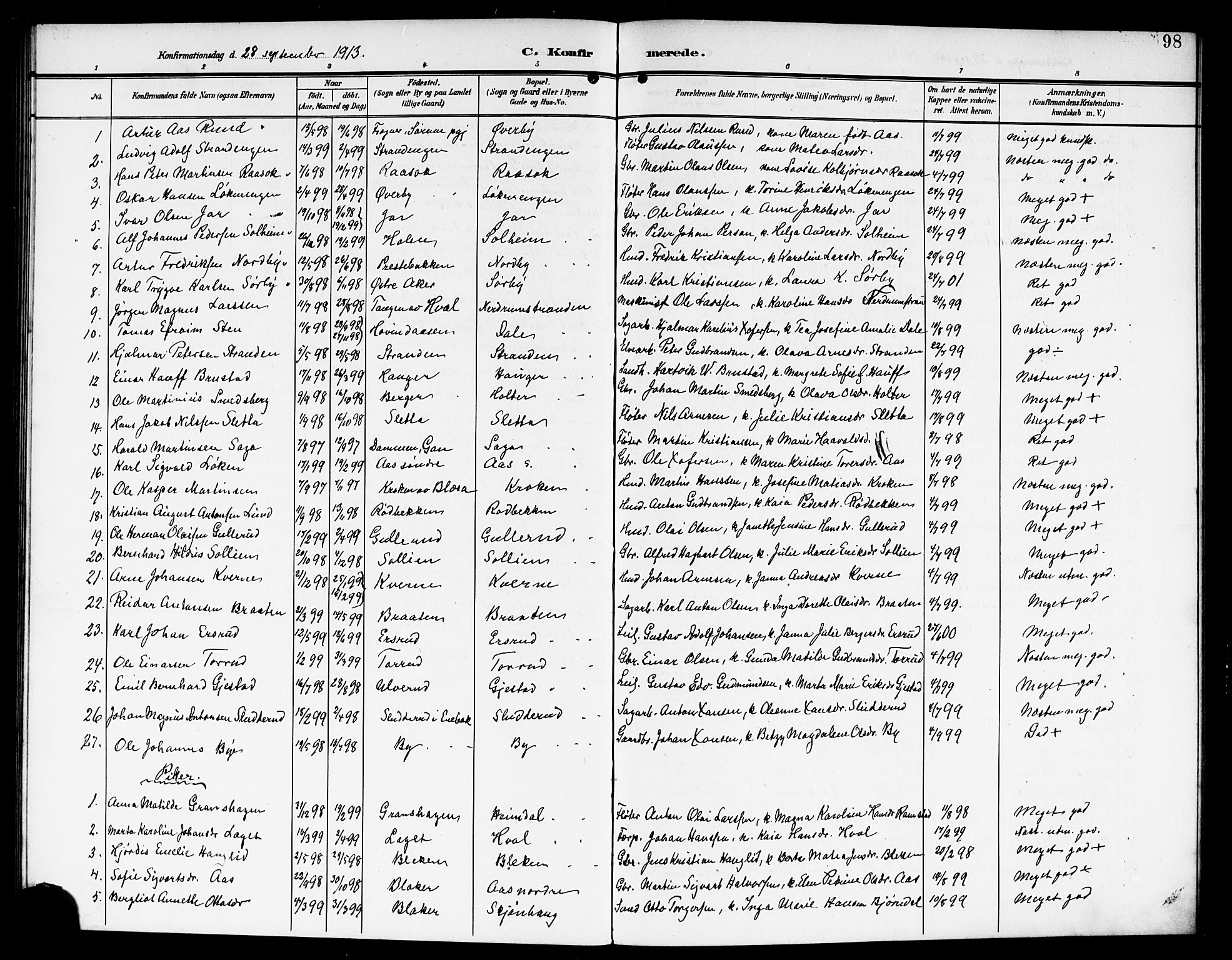 Fet prestekontor Kirkebøker, AV/SAO-A-10370a/G/Ga/L0008: Klokkerbok nr. I 8, 1907-1920, s. 98