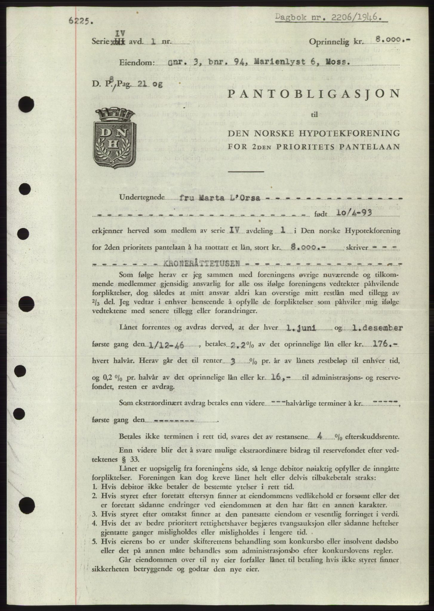 Moss sorenskriveri, SAO/A-10168: Pantebok nr. B15, 1946-1946, Dagboknr: 2206/1946