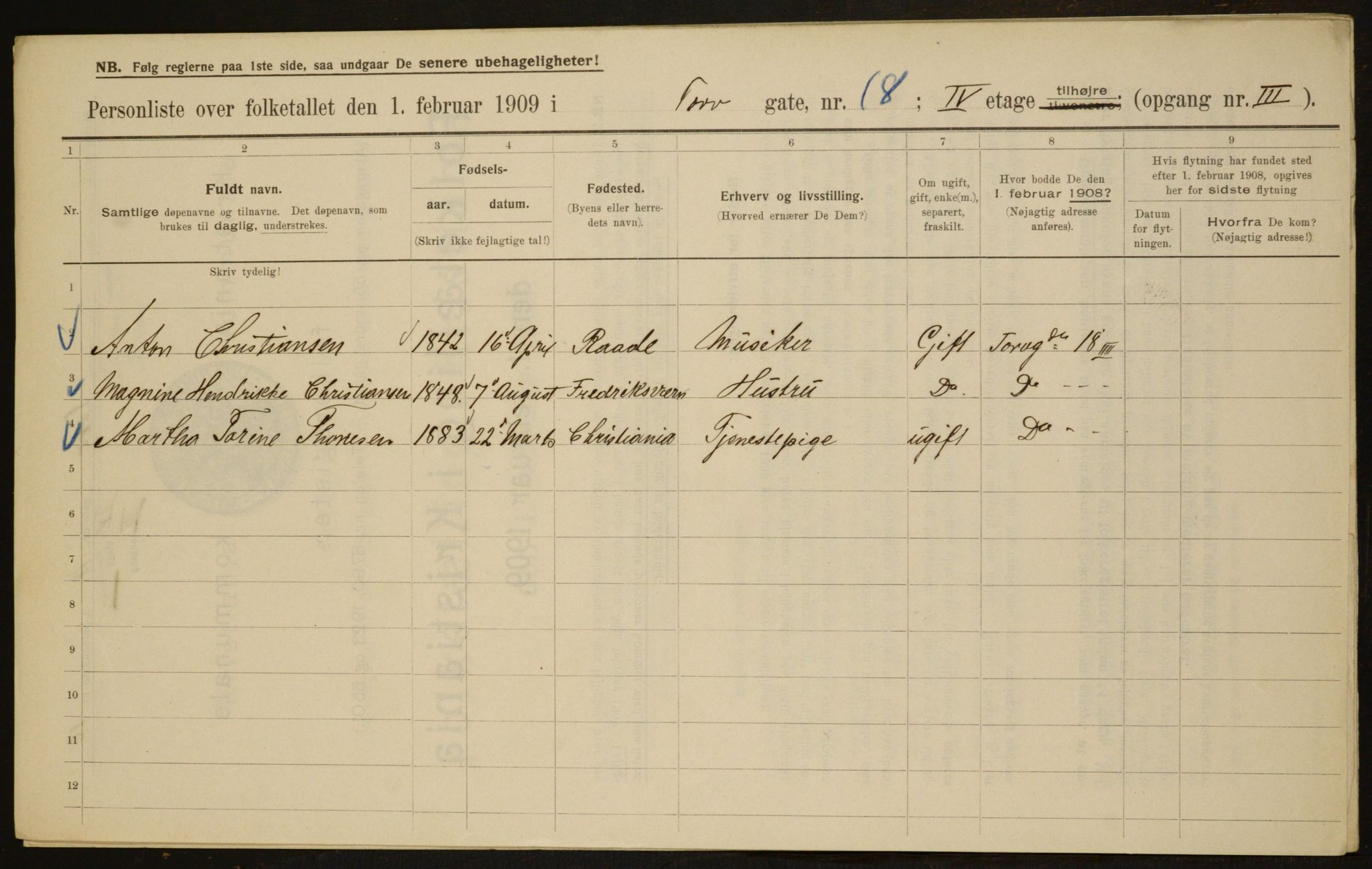 OBA, Kommunal folketelling 1.2.1909 for Kristiania kjøpstad, 1909, s. 103422