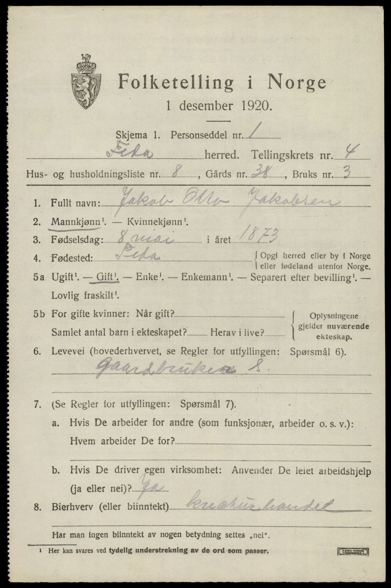 SAK, Folketelling 1920 for 1038 Feda herred, 1920, s. 1887