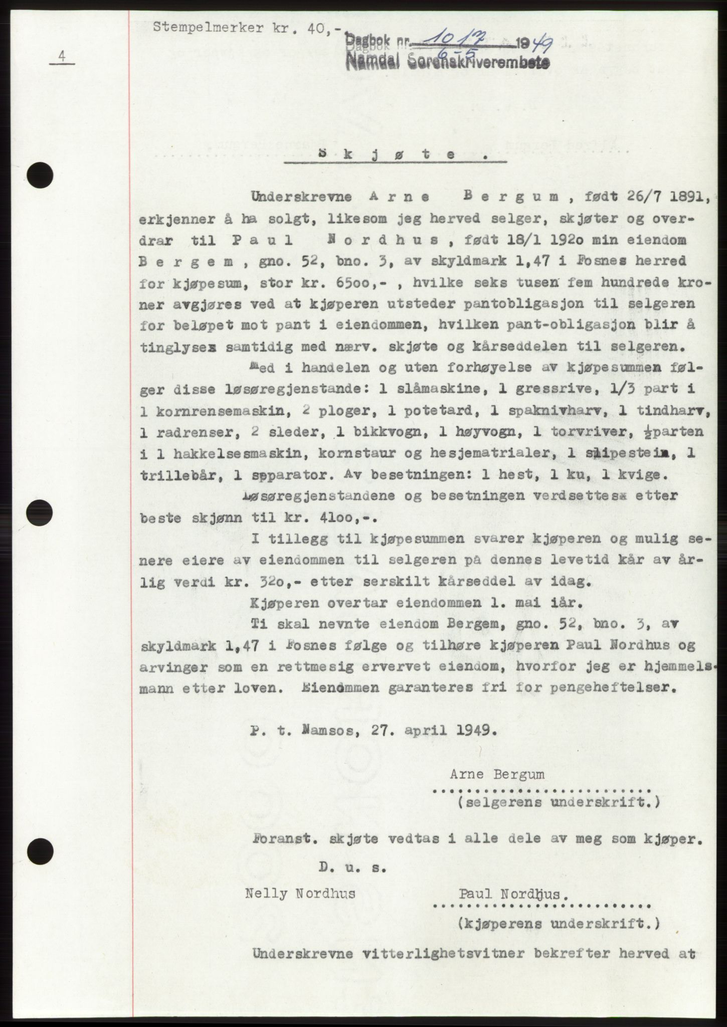 Namdal sorenskriveri, SAT/A-4133/1/2/2C: Pantebok nr. -, 1949-1949, Dagboknr: 1017/1949