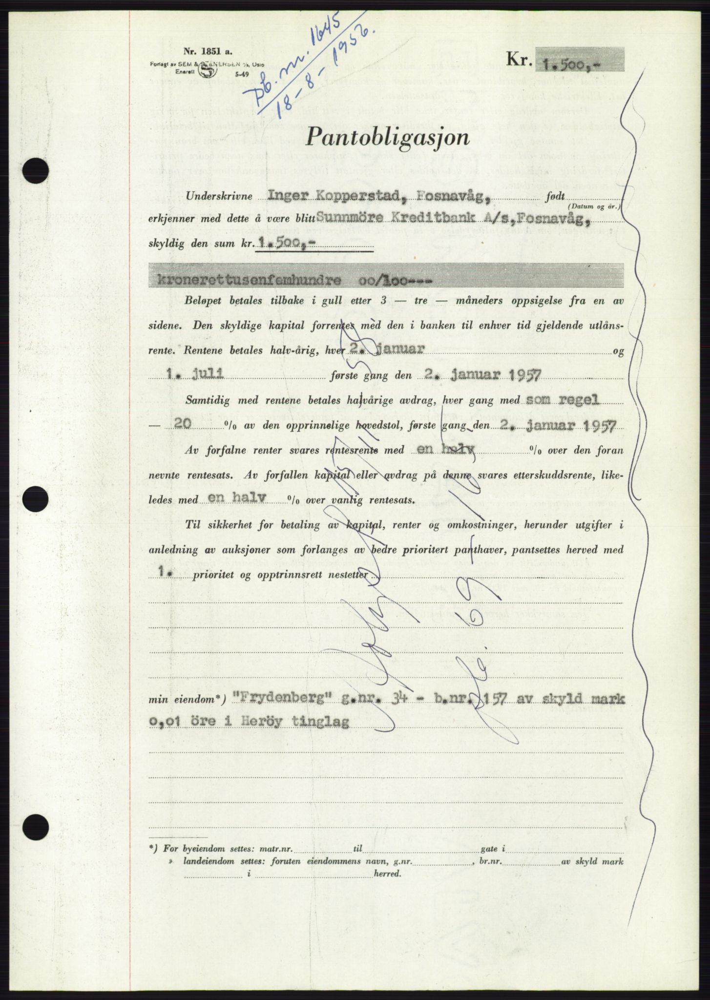 Søre Sunnmøre sorenskriveri, SAT/A-4122/1/2/2C/L0128: Pantebok nr. 16B, 1956-1956, Dagboknr: 1645/1956