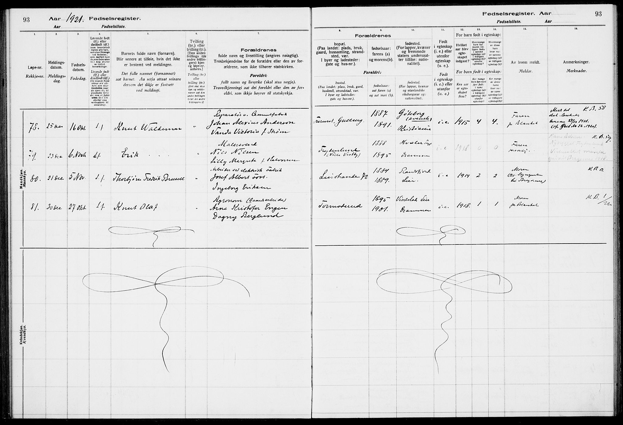 Lier kirkebøker, AV/SAKO-A-230/J/Ja/L0001: Fødselsregister nr. 1, 1916-1928, s. 93