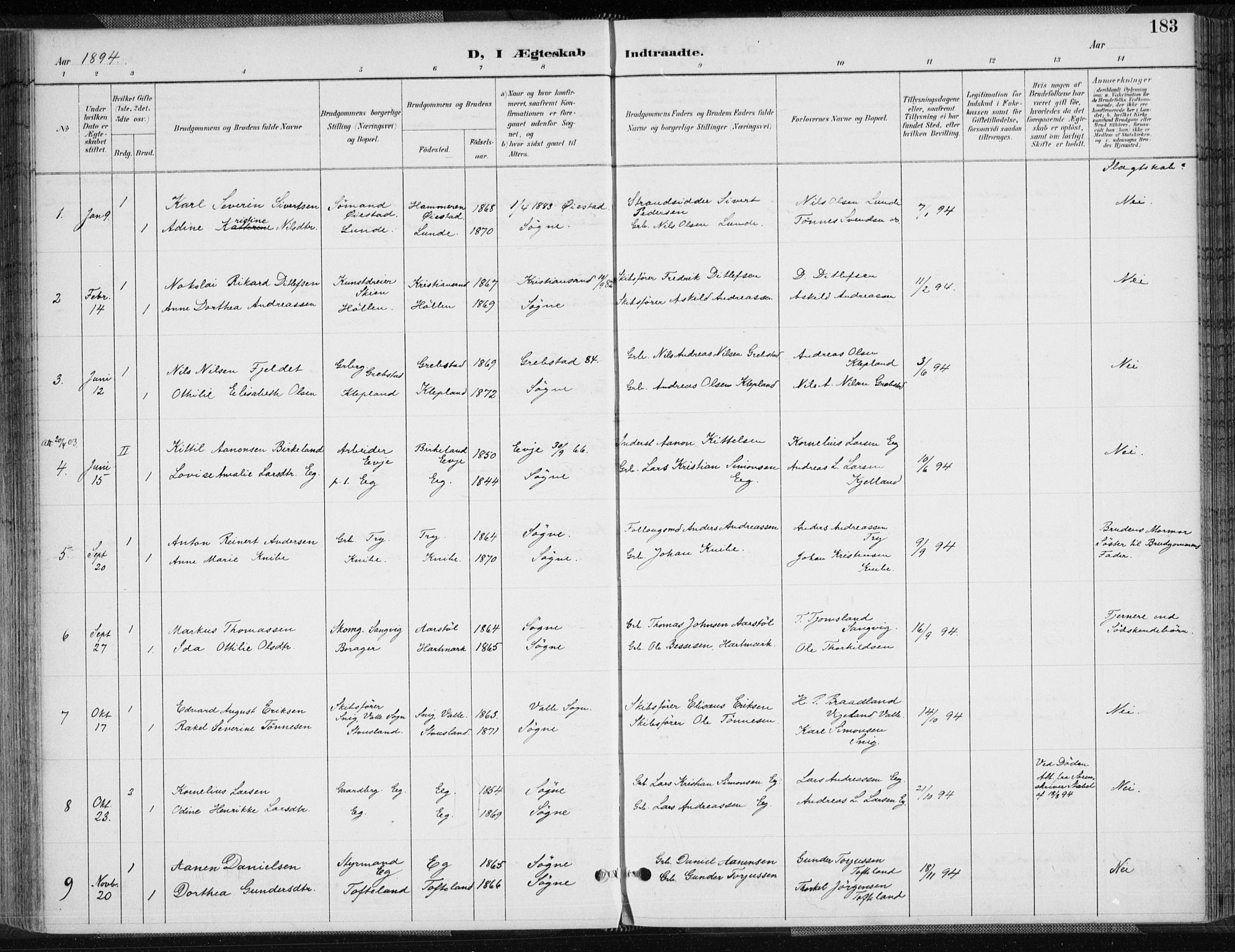 Søgne sokneprestkontor, SAK/1111-0037/F/Fa/Fab/L0013: Ministerialbok nr. A 13, 1892-1911, s. 183