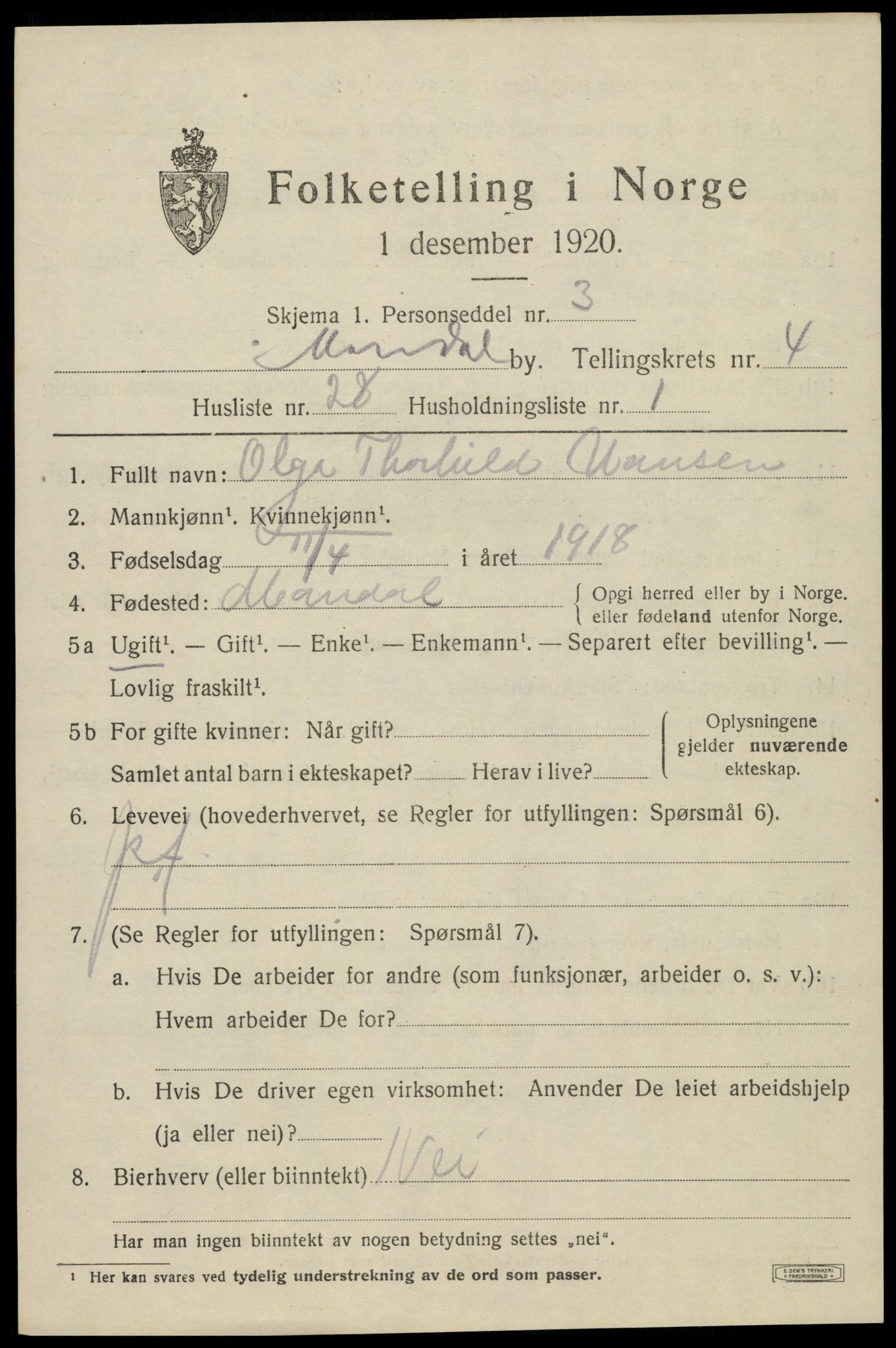 SAK, Folketelling 1920 for 1002 Mandal ladested, 1920, s. 7277