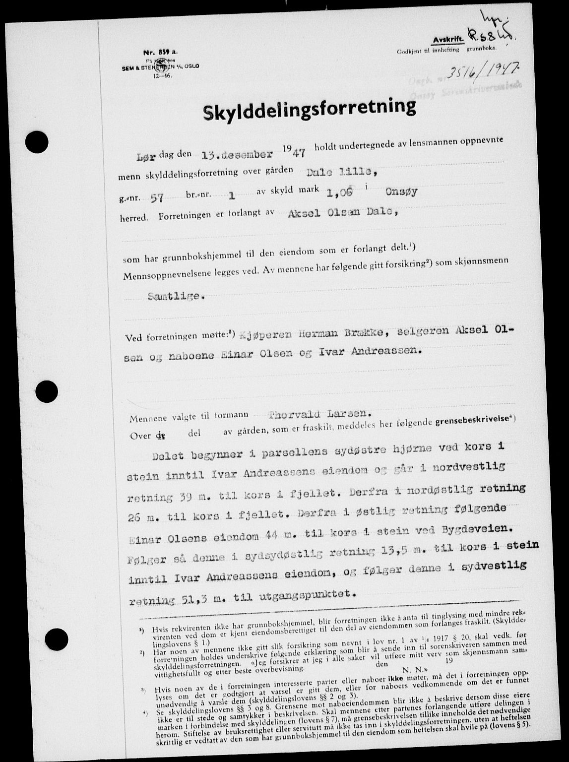 Onsøy sorenskriveri, SAO/A-10474/G/Ga/Gab/L0022: Pantebok nr. II A-22, 1947-1948, Dagboknr: 3516/1947