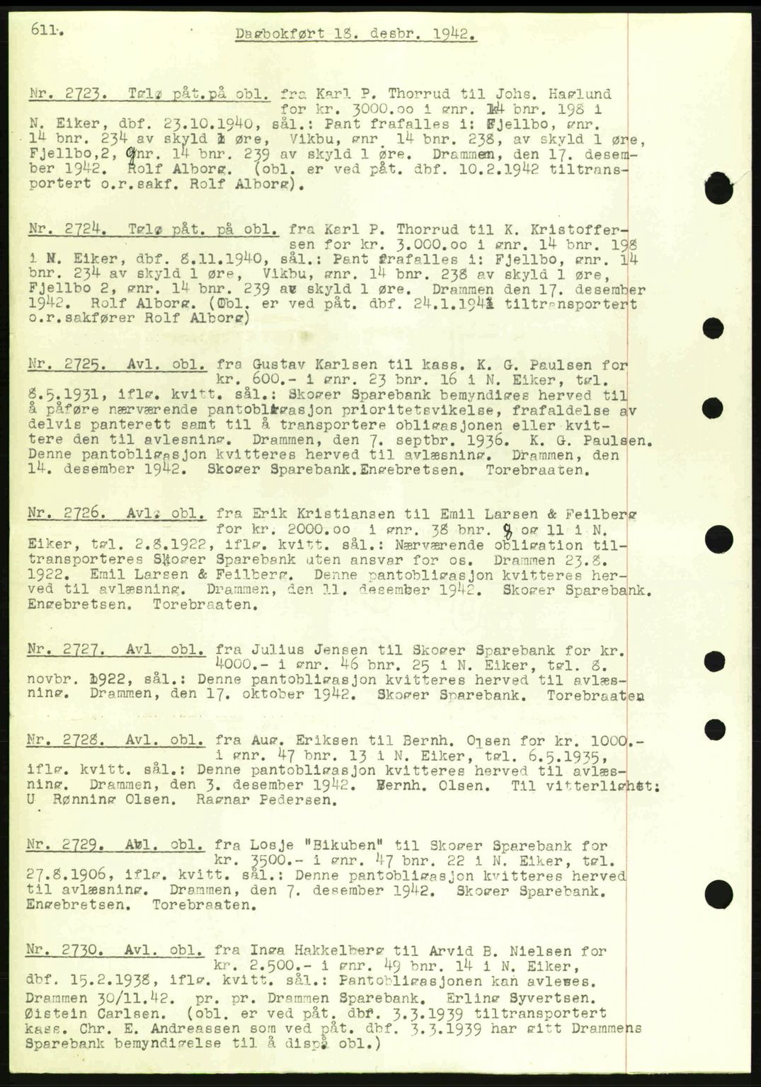 Eiker, Modum og Sigdal sorenskriveri, SAKO/A-123/G/Ga/Gab/L0047: Pantebok nr. A17, 1942-1943, Dagboknr: 2723/1942