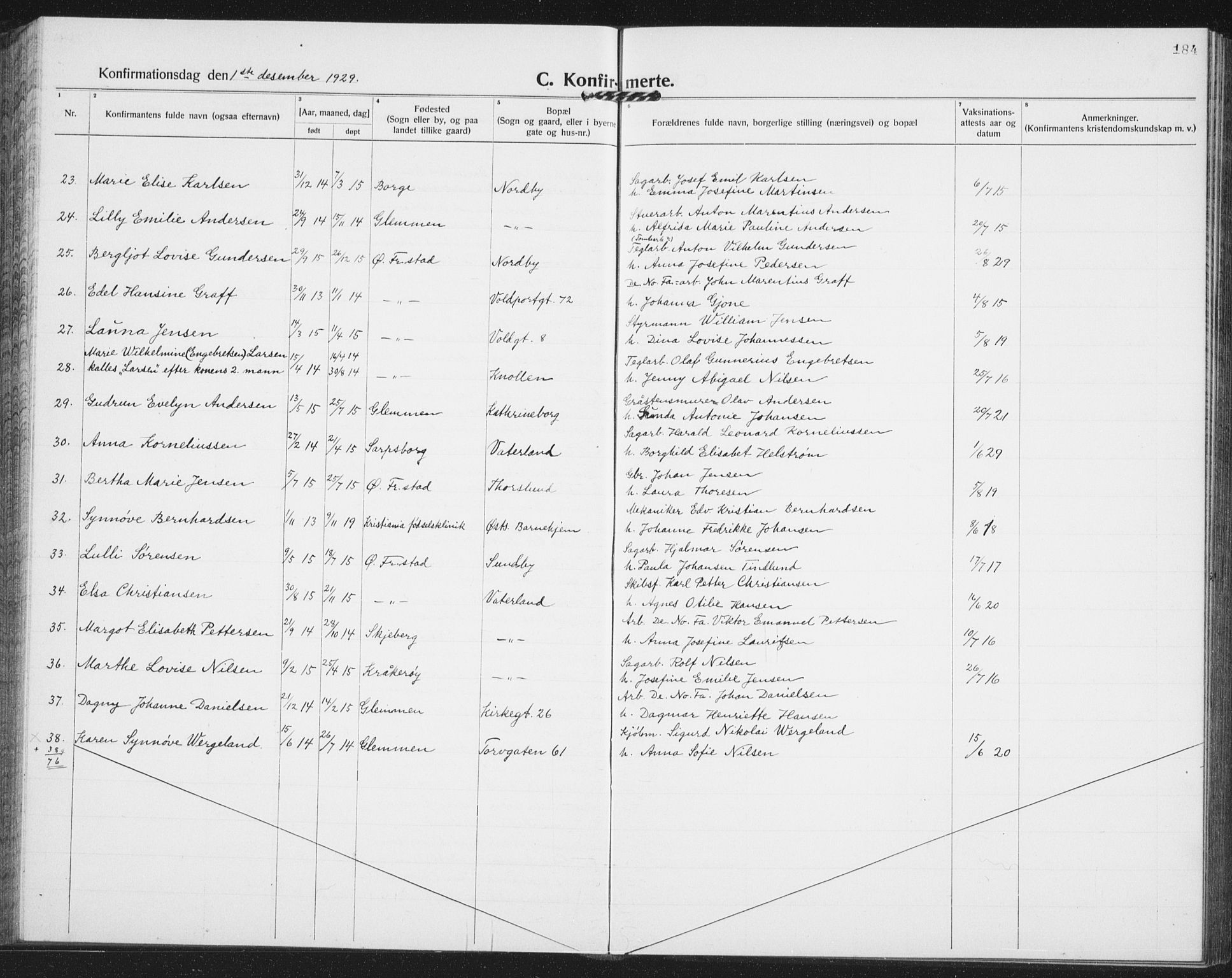 Østre Fredrikstad prestekontor Kirkebøker, AV/SAO-A-10907/G/Ga/L0003: Klokkerbok nr. 3, 1920-1940, s. 184