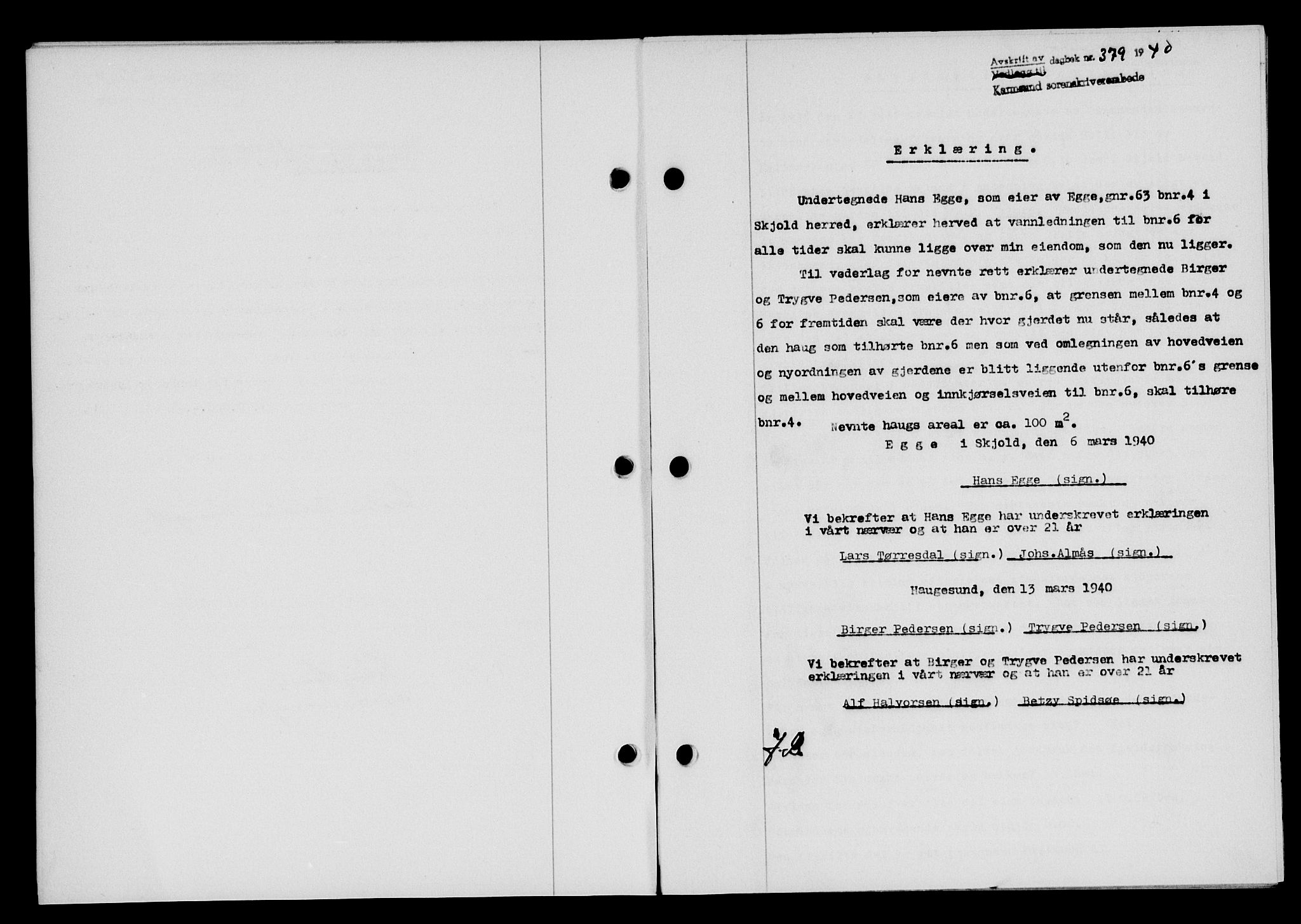 Karmsund sorenskriveri, SAST/A-100311/01/II/IIB/L0072: Pantebok nr. 53A, 1939-1940, Dagboknr: 379/1940
