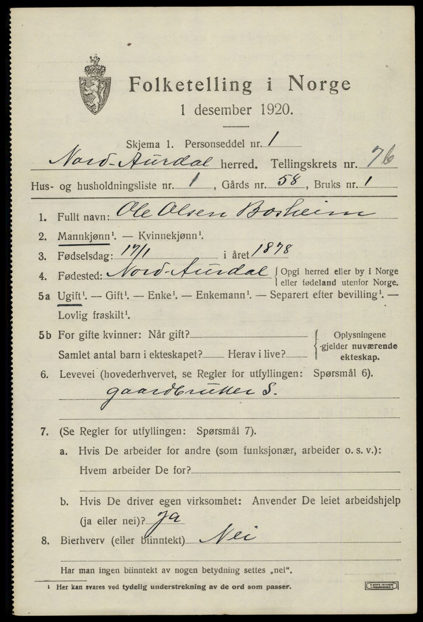 SAH, Folketelling 1920 for 0542 Nord-Aurdal herred, 1920, s. 6658