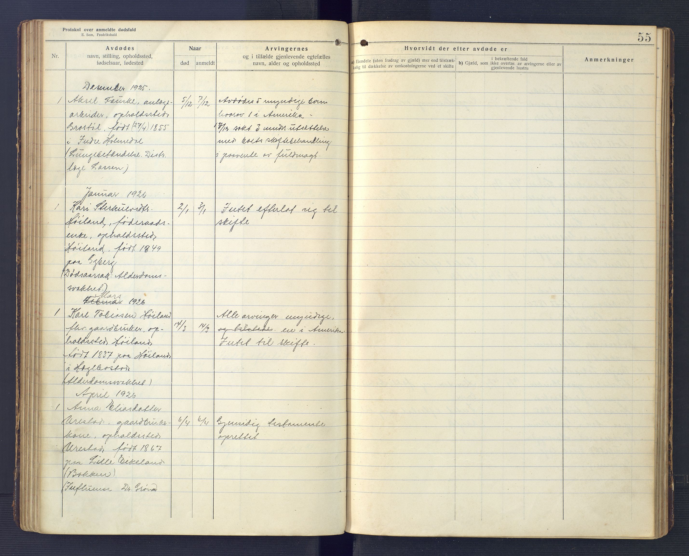 Hægebostad og Eiken lensmannskontor, SAK/1241-0023/F/Fe/L0002: Dødsfallsprotokoll nr 34, 1917-1932, s. 55