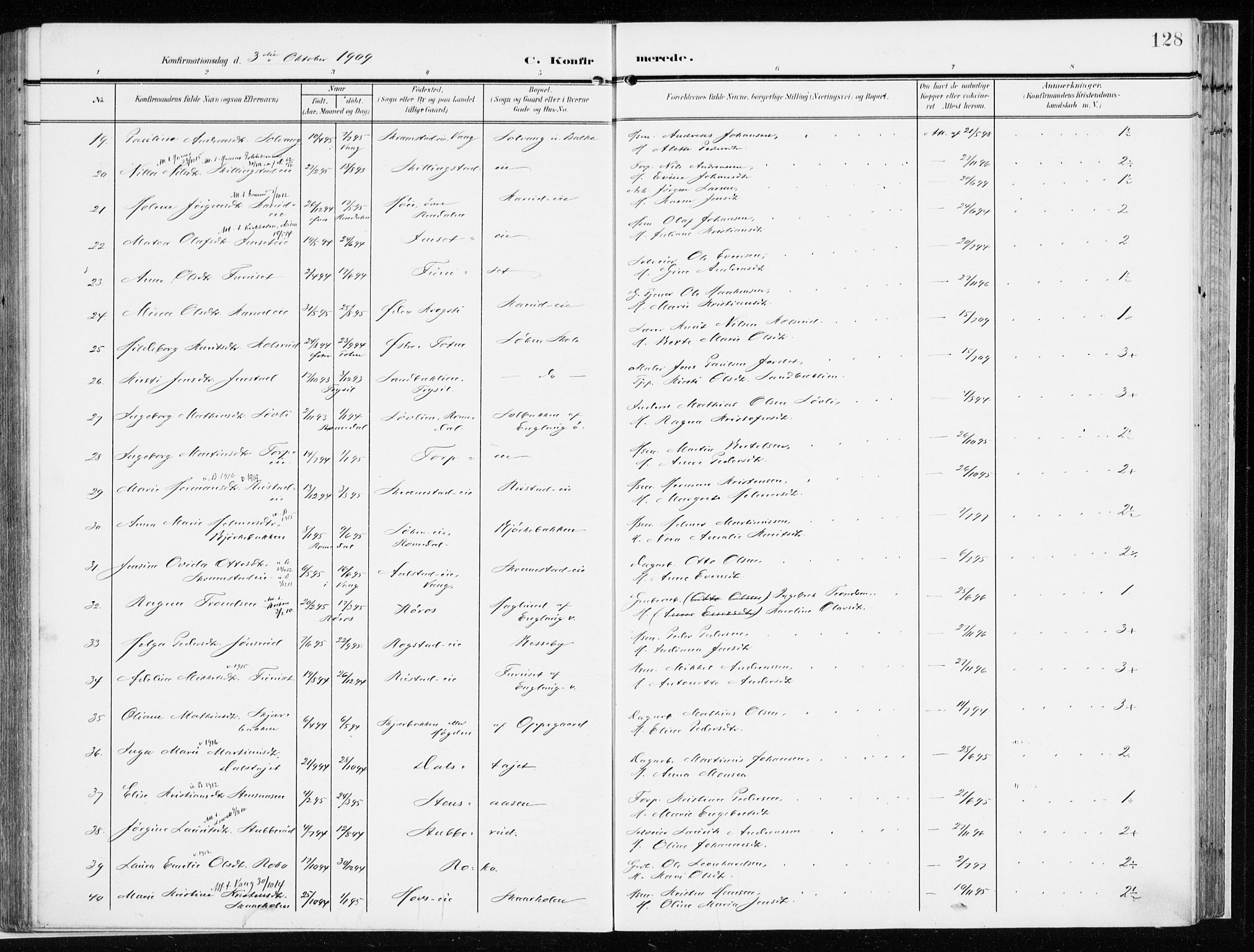 Løten prestekontor, AV/SAH-PREST-022/K/Ka/L0011: Ministerialbok nr. 11, 1908-1917, s. 128