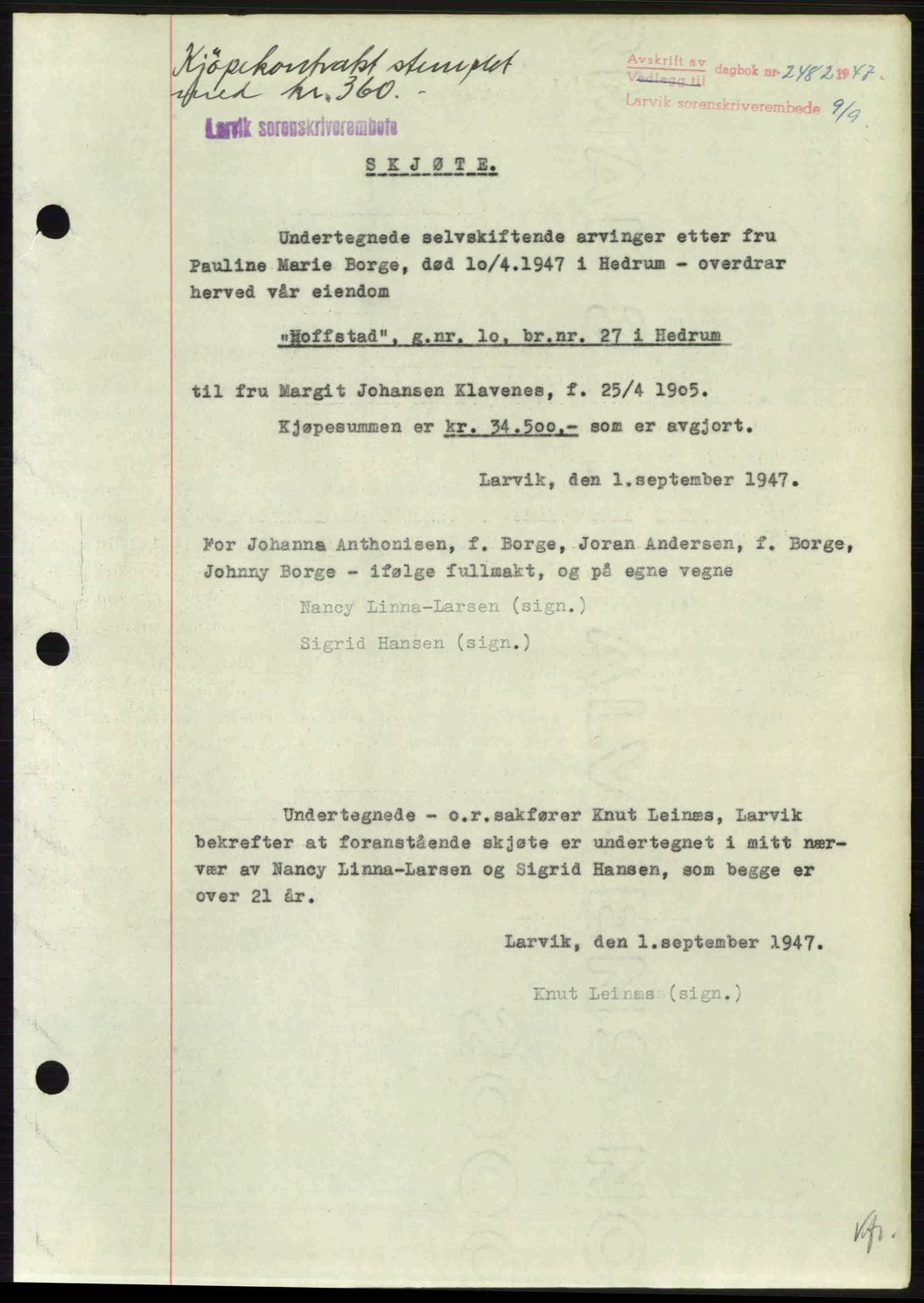 Larvik sorenskriveri, SAKO/A-83/G/Ga/Gab/L0085: Pantebok nr. A-19, 1947-1948, Dagboknr: 2482/1947